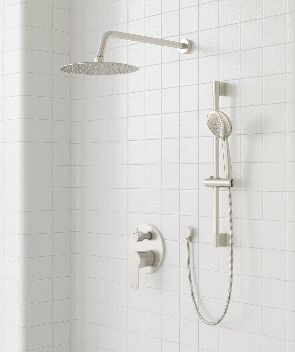 Gabrylly Shower System, Slide Bar Shower Faucet Set with High Pressure 10' Rain Shower Head and 5-Setting Handheld Spray, 2-Way Shower Valve Kit, Brushed Nickel