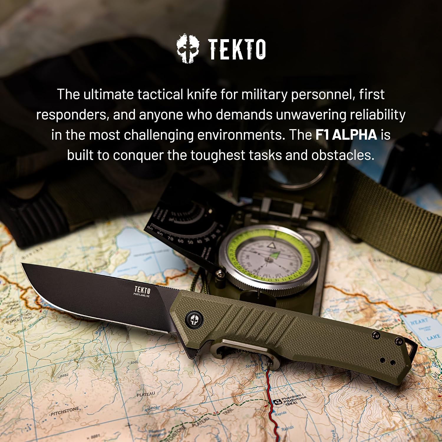 TEKTO F1 Alpha Folding Pocket Knife - Modified Straight Back Blade, Titanium Coated D2 Steel, Tactical Knife, EDC Folding Pocket Knives for Camping, Hunting & Backpacking - G10 OD Green, Black Accents