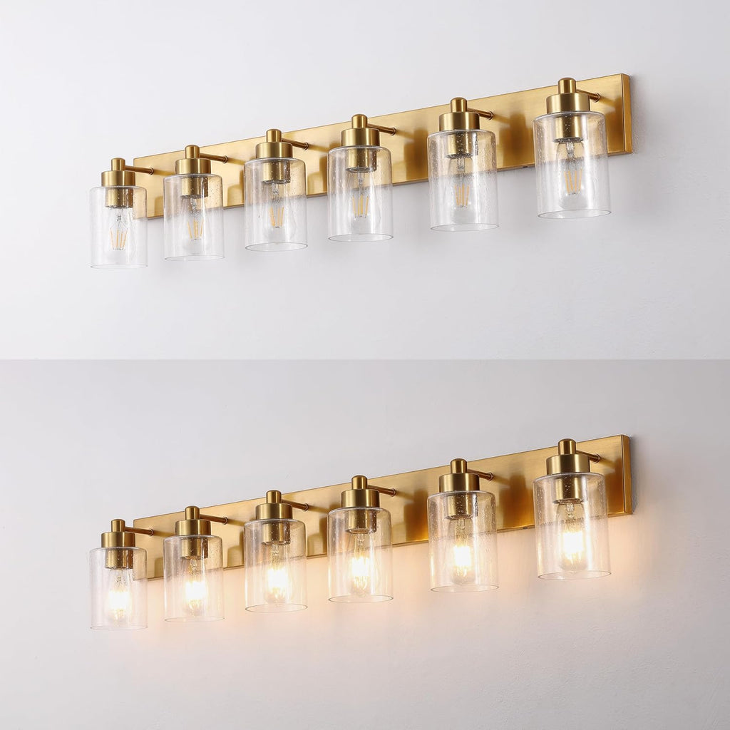 JONATHAN Y 40' Brass Gold/Clear 6-Light Modern LED Vanity Light for Bathroom Mirror, Mid-Century Wall Sconce with Clear Seeded Glass Shades, Contemporary Iron Fixture, LED Bulbs (JYL7621D)