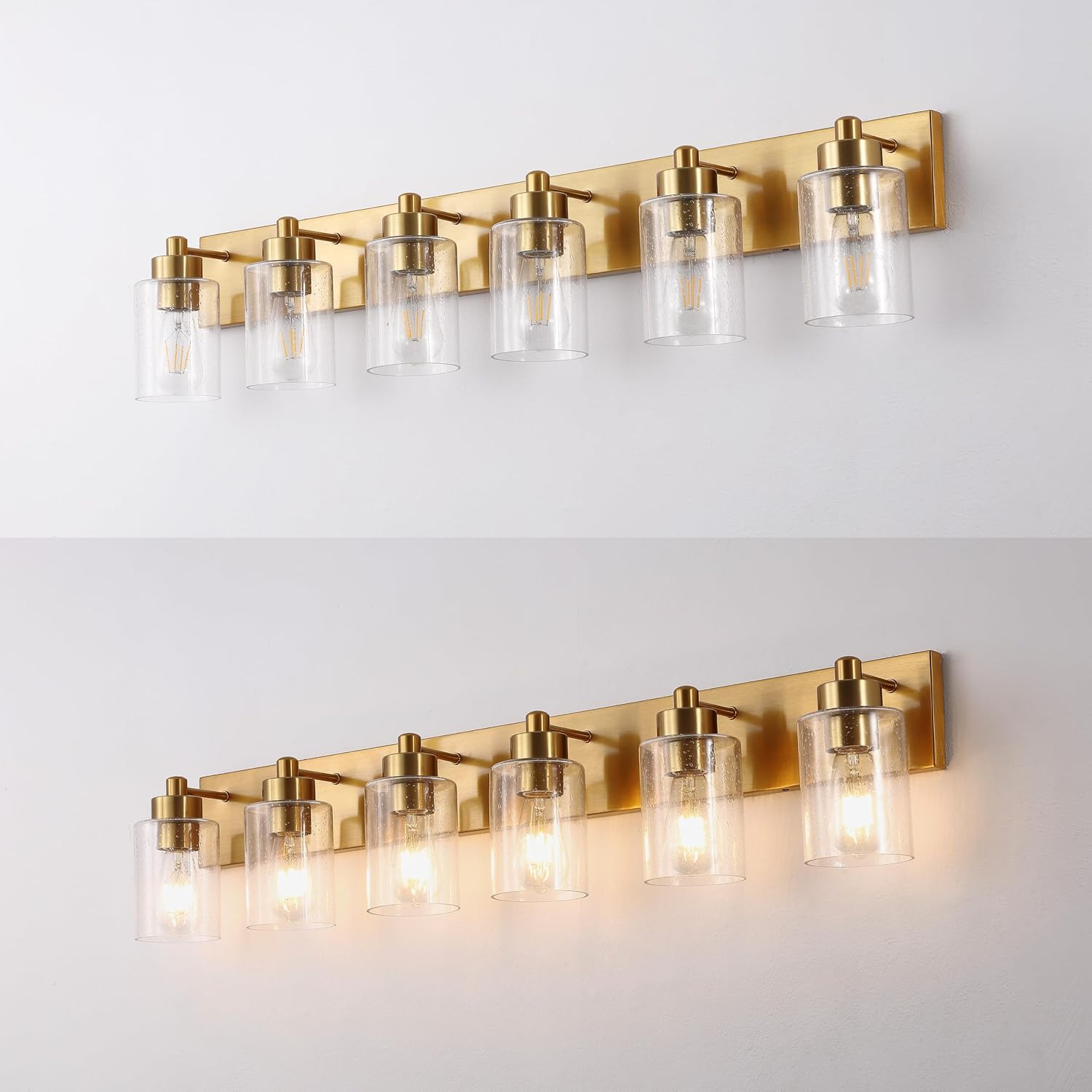 JONATHAN Y 40' Brass Gold/Clear 6-Light Modern LED Vanity Light for Bathroom Mirror, Mid-Century Wall Sconce with Clear Seeded Glass Shades, Contemporary Iron Fixture, LED Bulbs (JYL7621D)