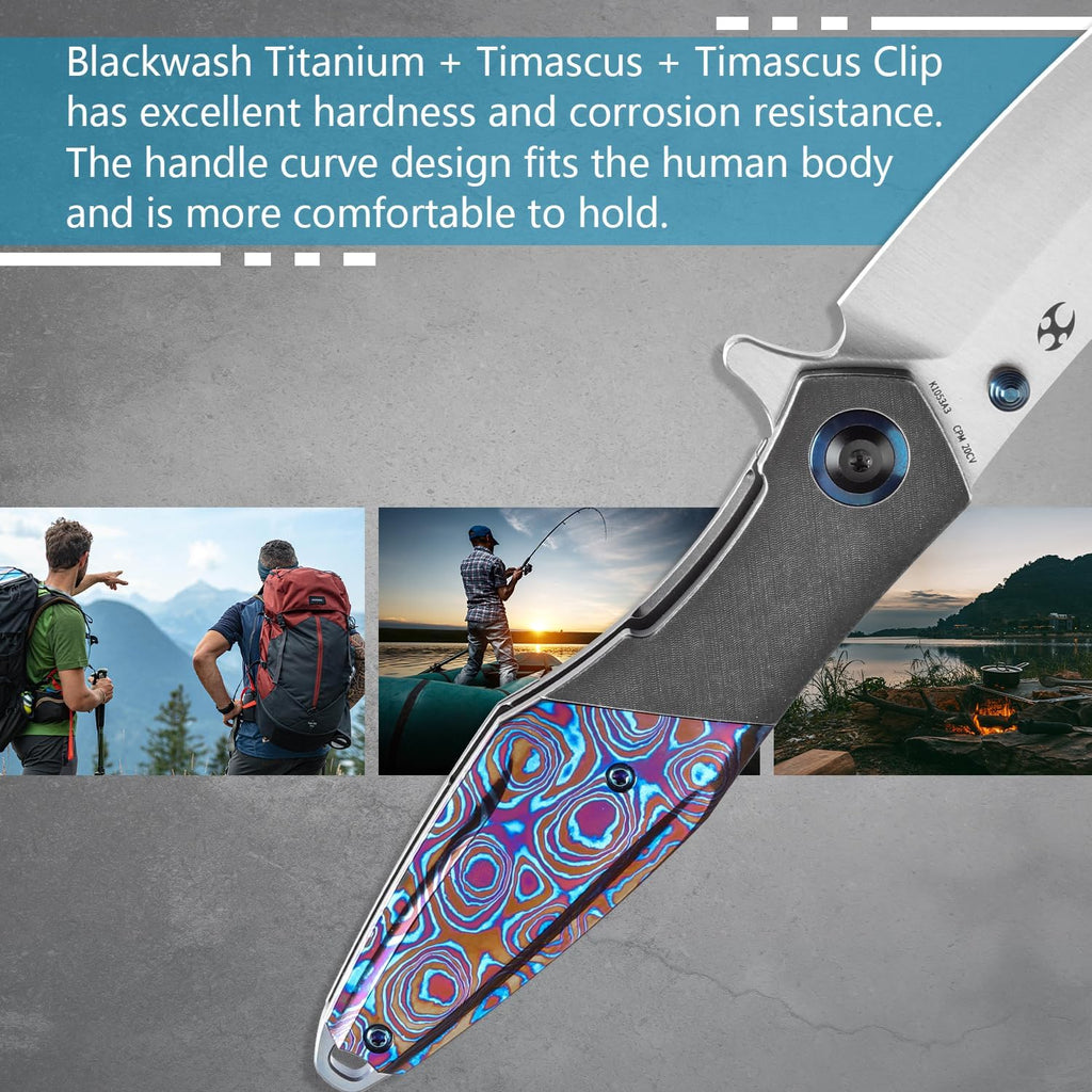 KANSEPT Mistaken Folding Knives for Men EDC Camping Pocket Folding Knife 3.58'' Satin CPM 20CV Blade with Blackwash Titanium Timascus Timascus Clip Handle Everyday Carry K1053A3