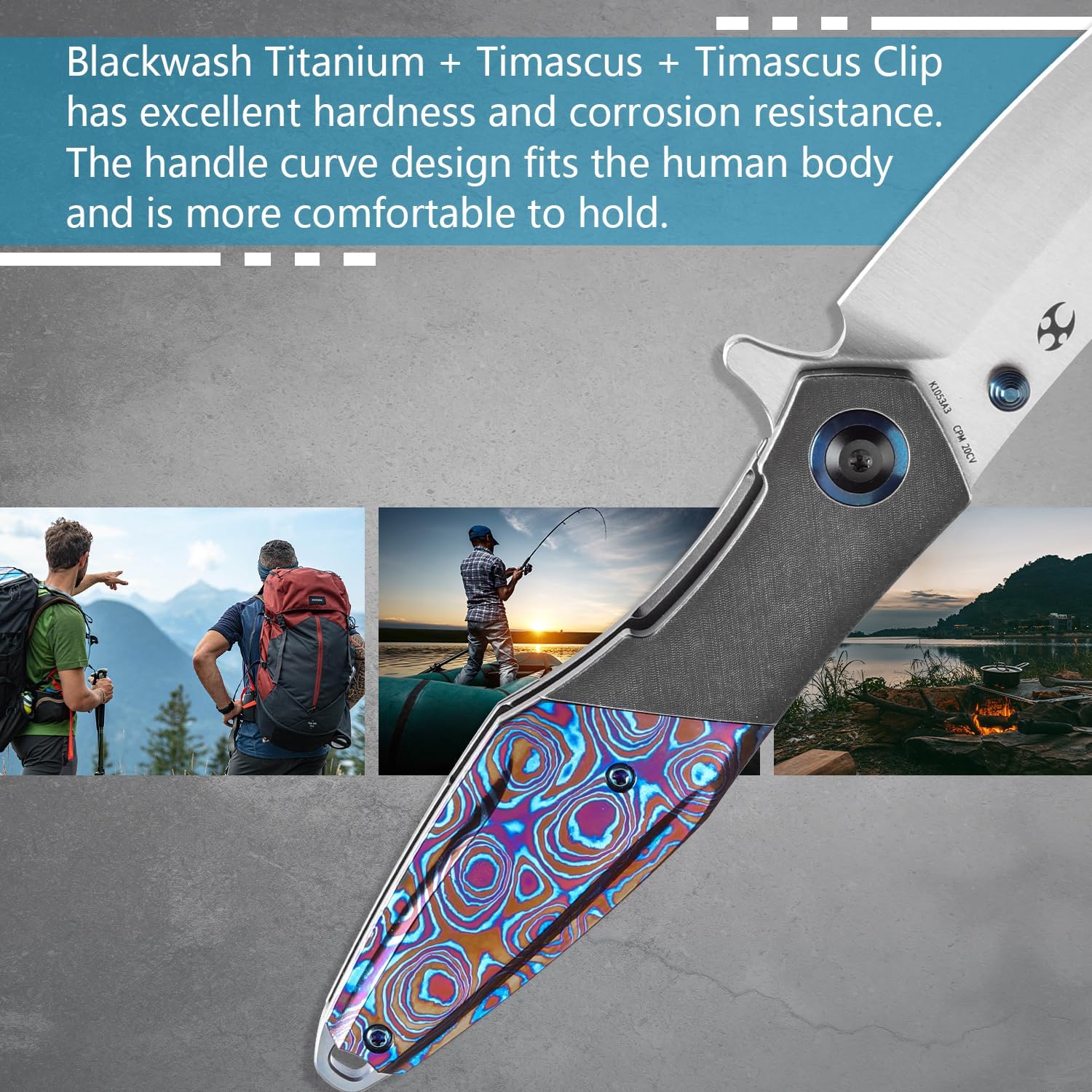 KANSEPT Mistaken Folding Knives for Men EDC Camping Pocket Folding Knife 3.58'' Satin CPM 20CV Blade with Blackwash Titanium Timascus Timascus Clip Handle Everyday Carry K1053A3