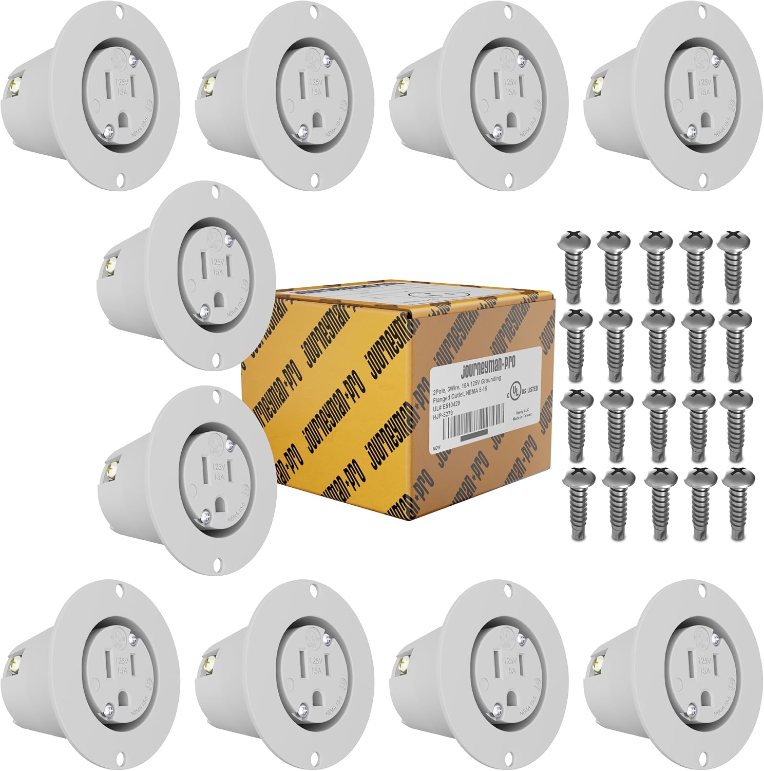 Journeyman-Pro 5279 Flanged Outlet Receptacle - 15 Amp 125 Volt NEMA 5-15, Commercial Grade Electrical Outlet, 2-Pole 3-Wire Straight Blade Plug, cUL Listed, 10-14 AWG, No Cover/Cap - 10 Pack