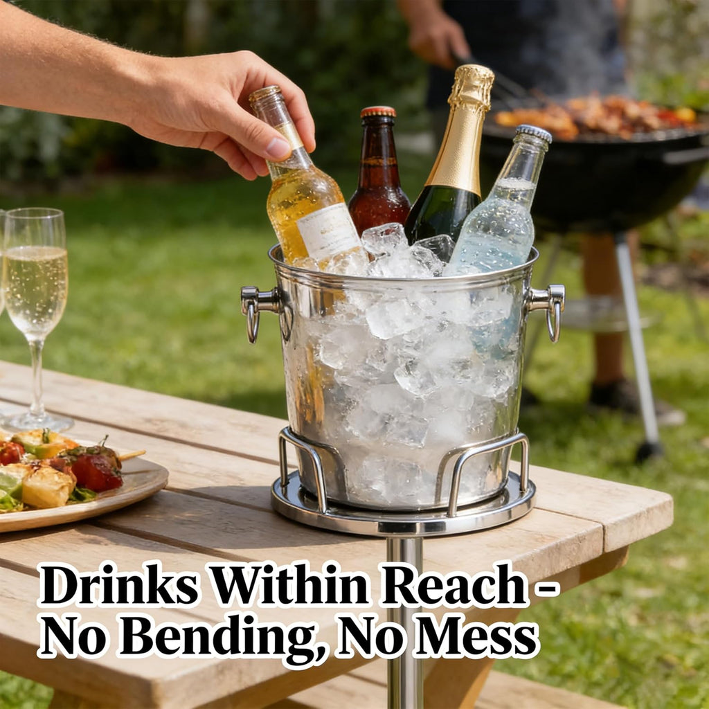 【The Life of The Party】Heavy Duty Stainless Steel Ice Bucket with Stand - 2 Handles, Stable Weighted Base, Easy-Clean, Freestanding Beverage Cooler for Champagne, Wine, BBQ, Bar (B)