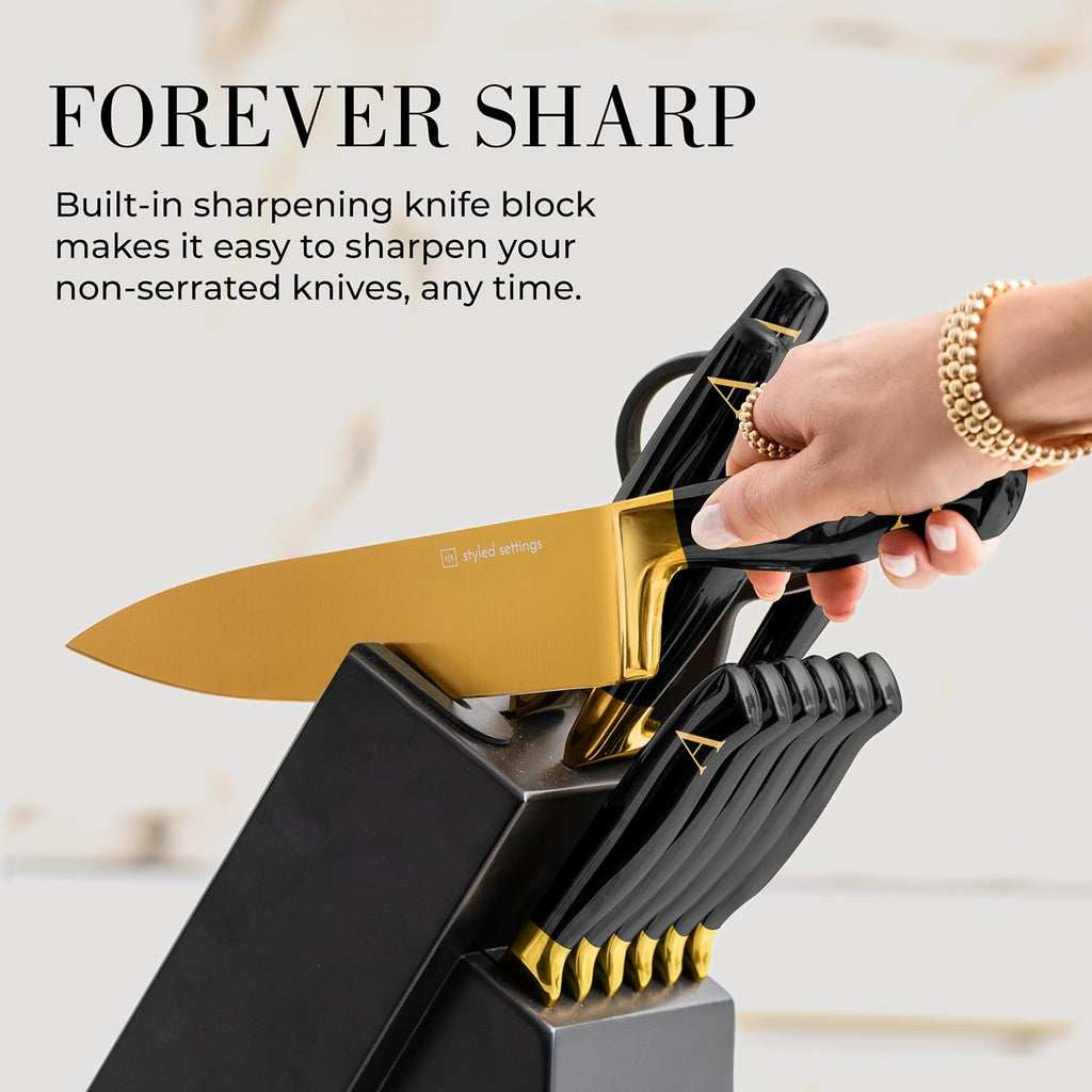 Personalized Black and Gold Knife Set with Block and Sharpener – 14-Piece Custom Engraved Titanium-Coated Gold Knives – Full Tang, Stainless Steel, Ergonomic, Gift-Ready