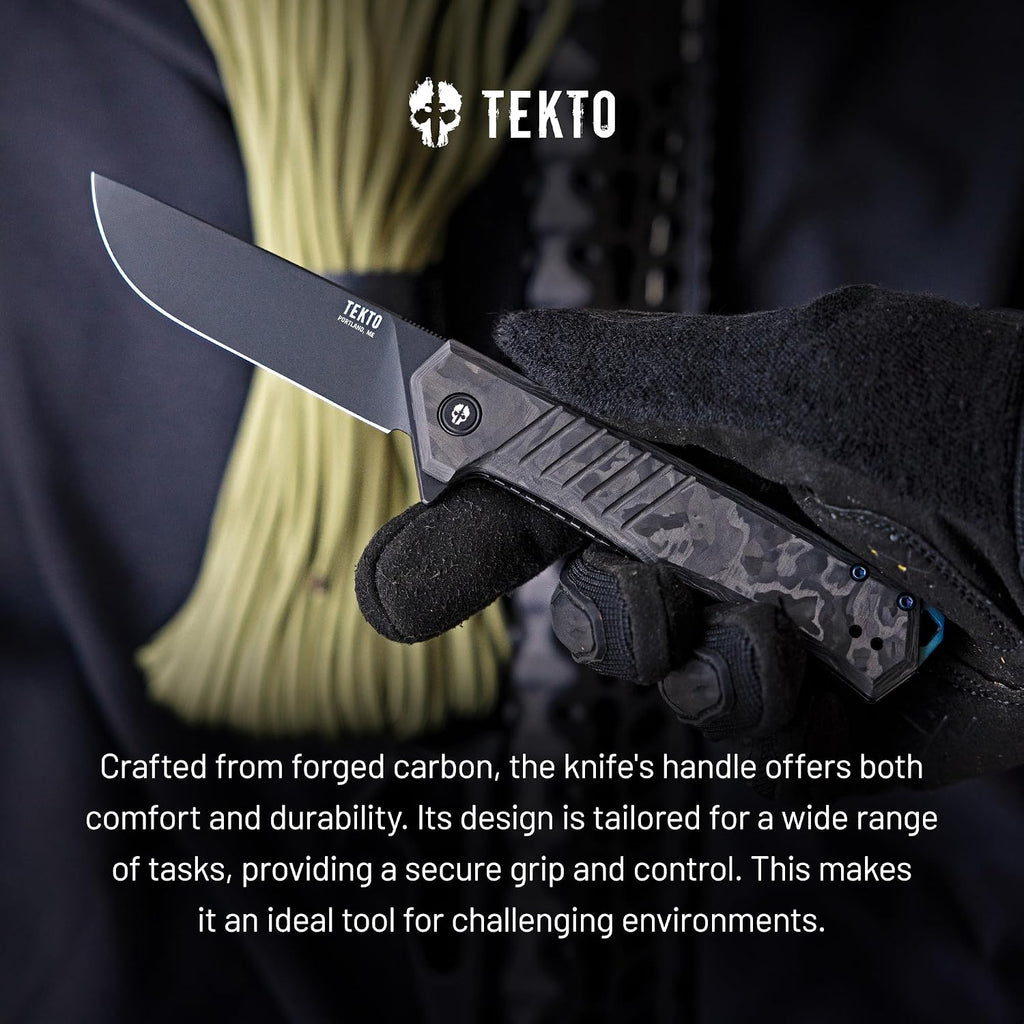 TEKTO F1 Alpha Folding Pocket Knife - Modified Straight Back Blade, Titanium Coated D2 Steel, Tactical Knife, EDC Folding Pocket Knives for Camping, Hunting & Backpacking - Forged Carbon, Blue Accents