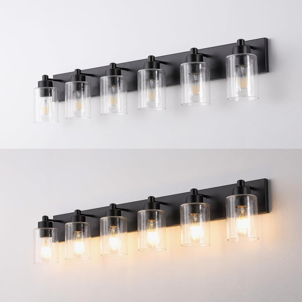JONATHAN Y 40' Black/Clear 6-Light Modern LED Vanity Light for Bathroom Mirror, Mid-Century Wall Sconce with Clear Seeded Glass Shades, Contemporary Iron Fixture, LED Bulbs (JYL7621B)