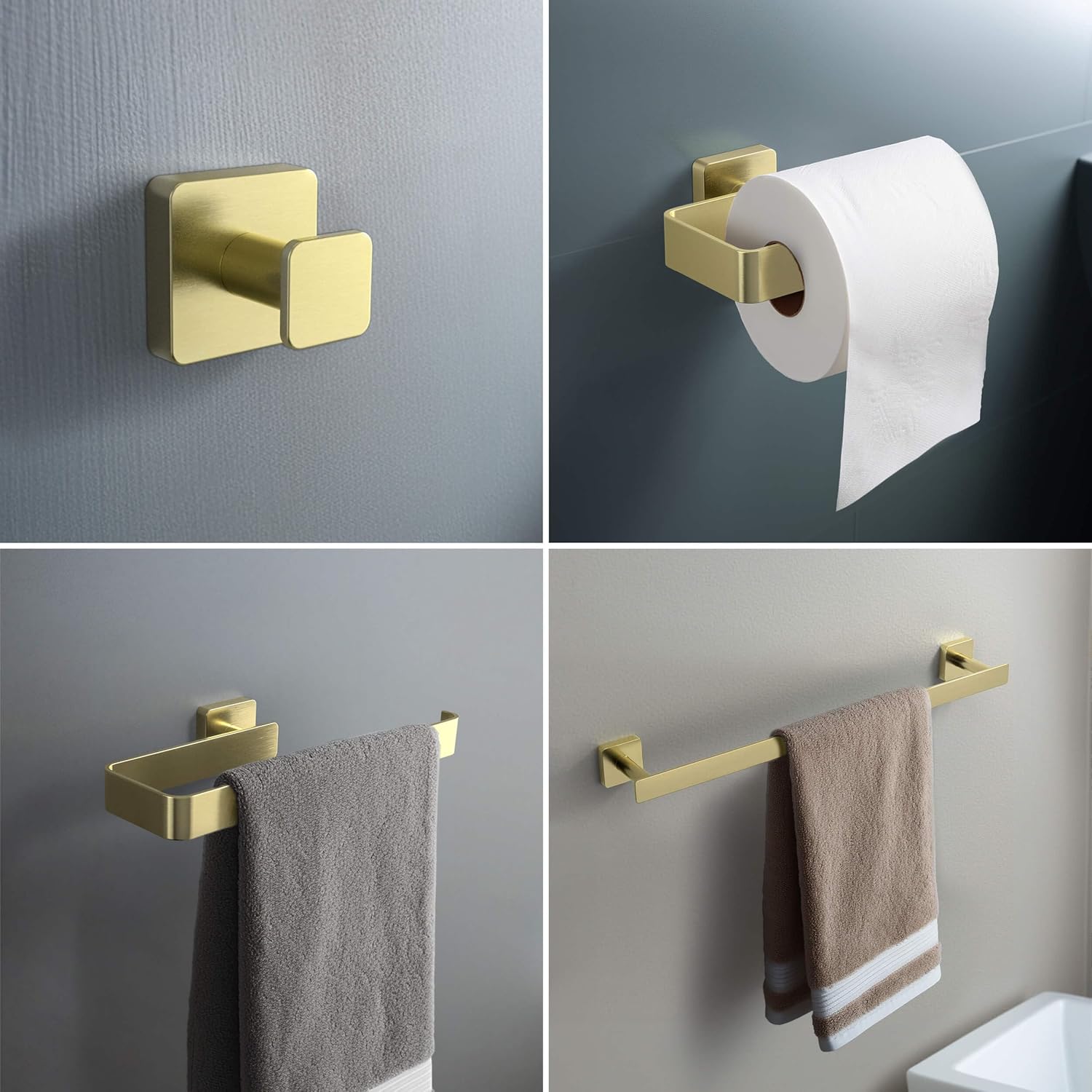 KIBI Blaze Bathroom Hardware Set 4 Piece Bathroom Accessories Set | Towel Bar (19'), Towel Holder, Toilet Paper Holders, Robe Hook (Brushed Gold) (KBA16-4-2)