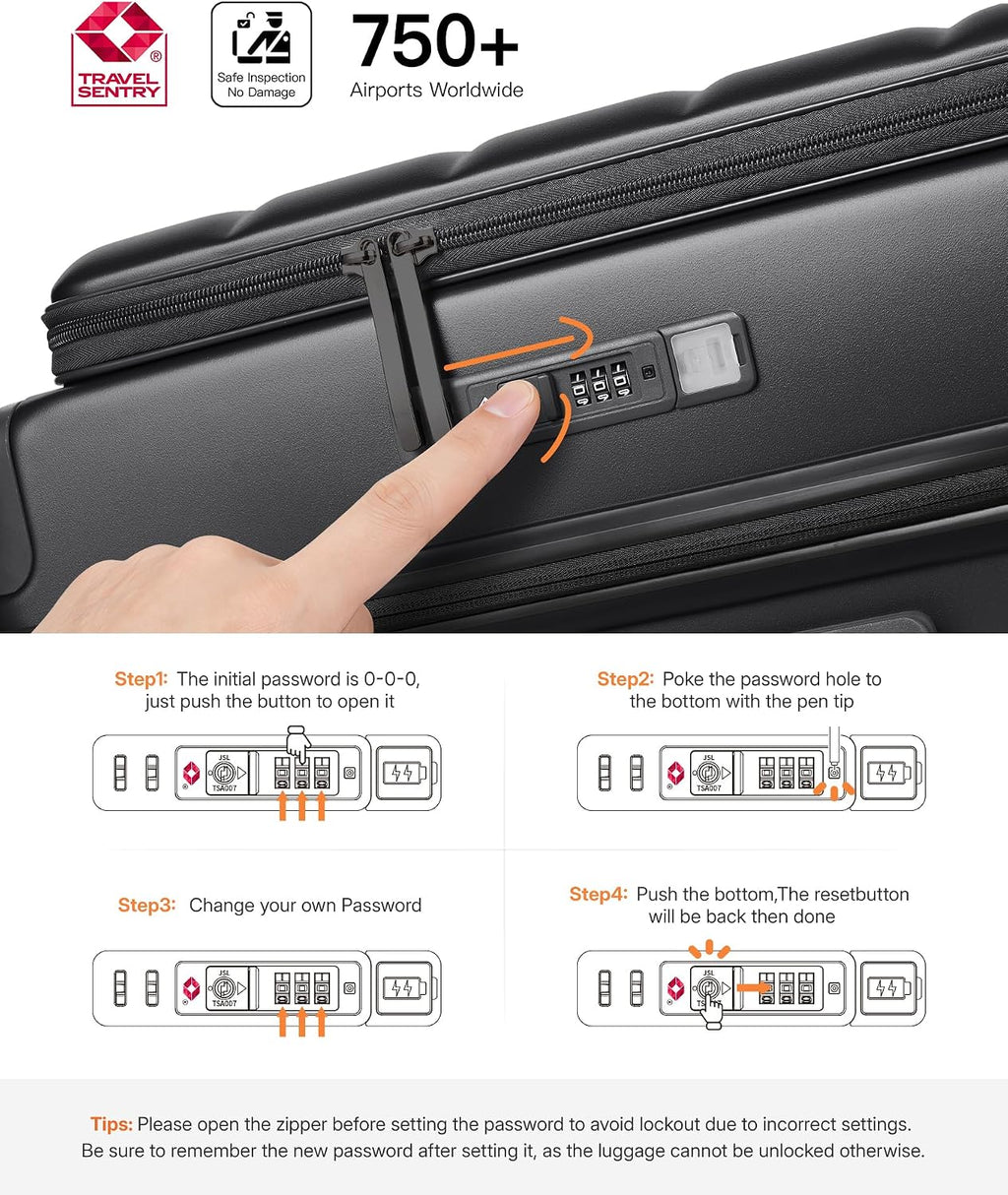 Expandable 20Inch Carry On Luggage Airline Approved - Top Opening Hardside Travel Suitcase Unbreakable -with Cup Holder,USB Charge,Side Pothook, 360°Spinner Wheels, TSA Lock-Black
