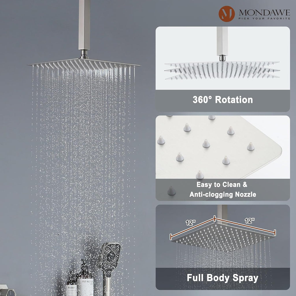 MONDAWE Shower System with Body Jets, 12 Inch Thermostatic Rain Shower System Ceiling Mount, Full Body Spray Shower Jets System with a Shelf, Towel Hooks - Brushed Nickel
