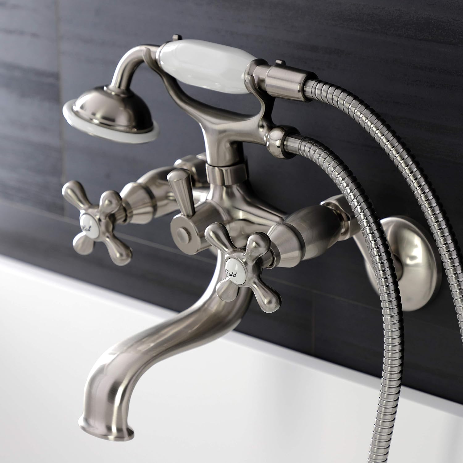 Kingston Brass KS226SN Kingston Wall Mount Tub Faucet with Hand Shower, Brushed Nickel
