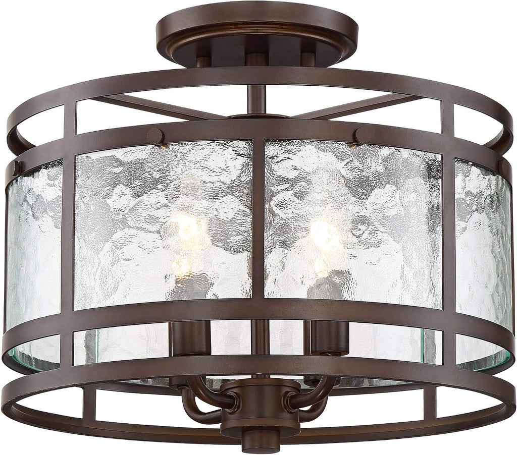 Franklin Iron Works Elwood Finish Rustic Industrial Ceiling Light Semi-Flush Mount Fixture Oil Rubbed Bronze 13 1/4' Wide Water Glass Drum for Cottage Core House Bedroom Hallway Living Room Bathroom