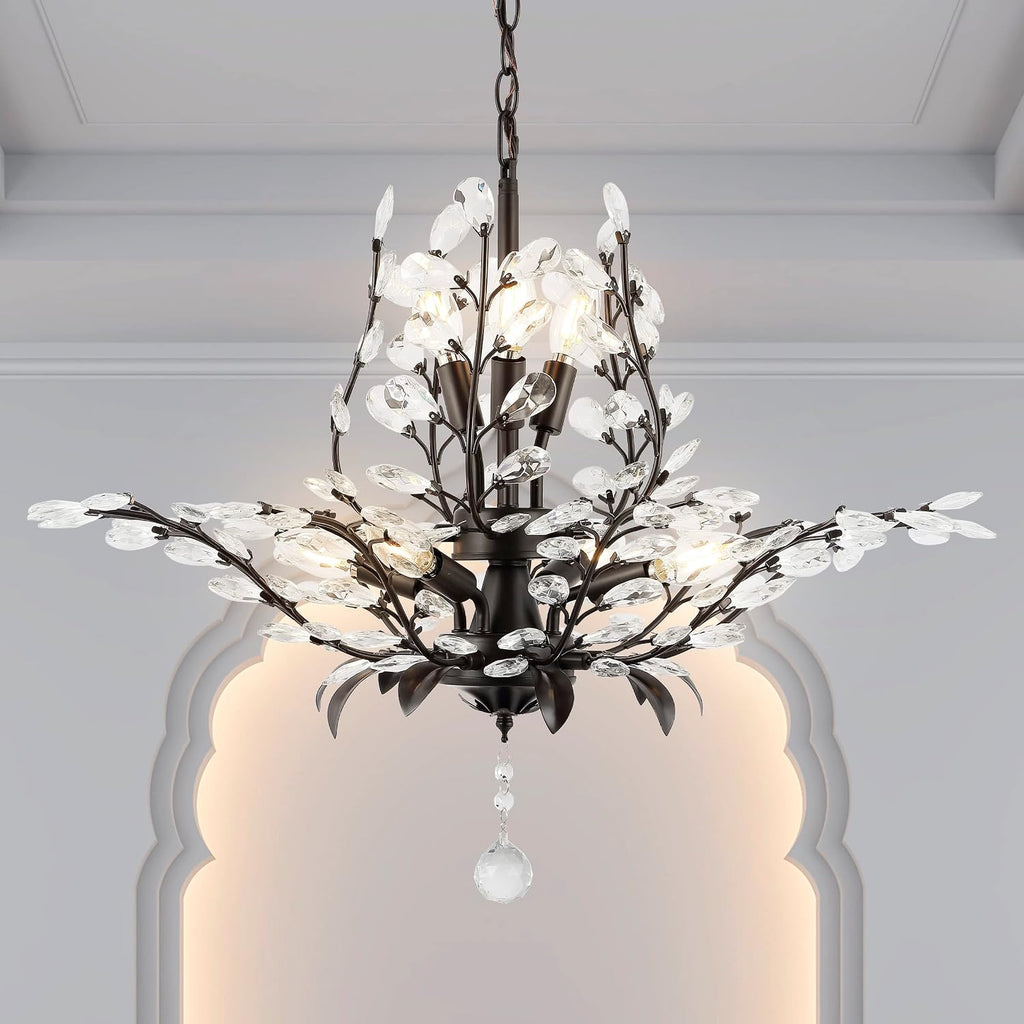 JONATHAN Y 28.5' Oil Rubbed Bronze/Clear 7-Light Bohemian Pendant Light, Vintage LED Branch Ceiling Fixture for Kitchen Island Bedroom Bathroom, Clear Acrylic Crystals (JYL9549A)