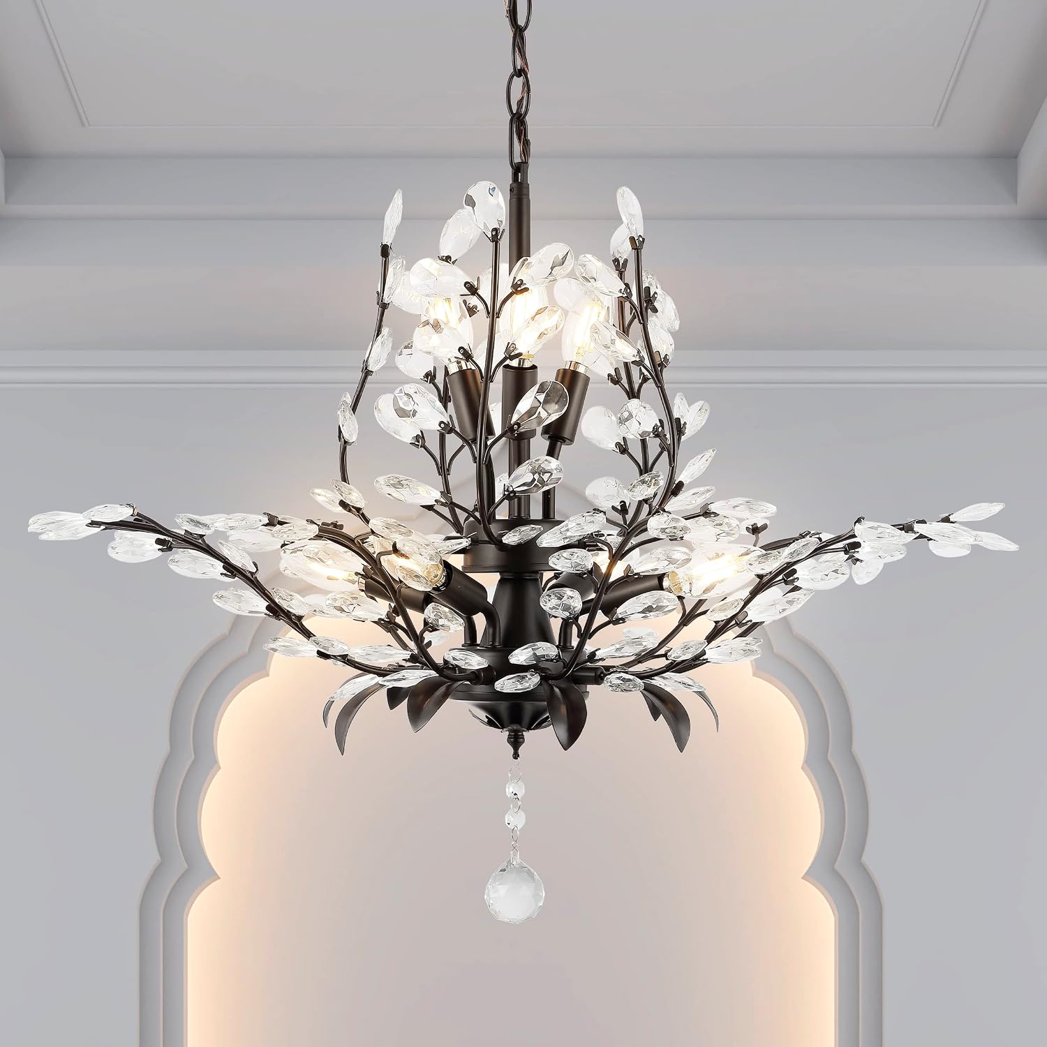 JONATHAN Y 28.5' Oil Rubbed Bronze/Clear 7-Light Bohemian Pendant Light, Vintage LED Branch Ceiling Fixture for Kitchen Island Bedroom Bathroom, Clear Acrylic Crystals (JYL9549A)
