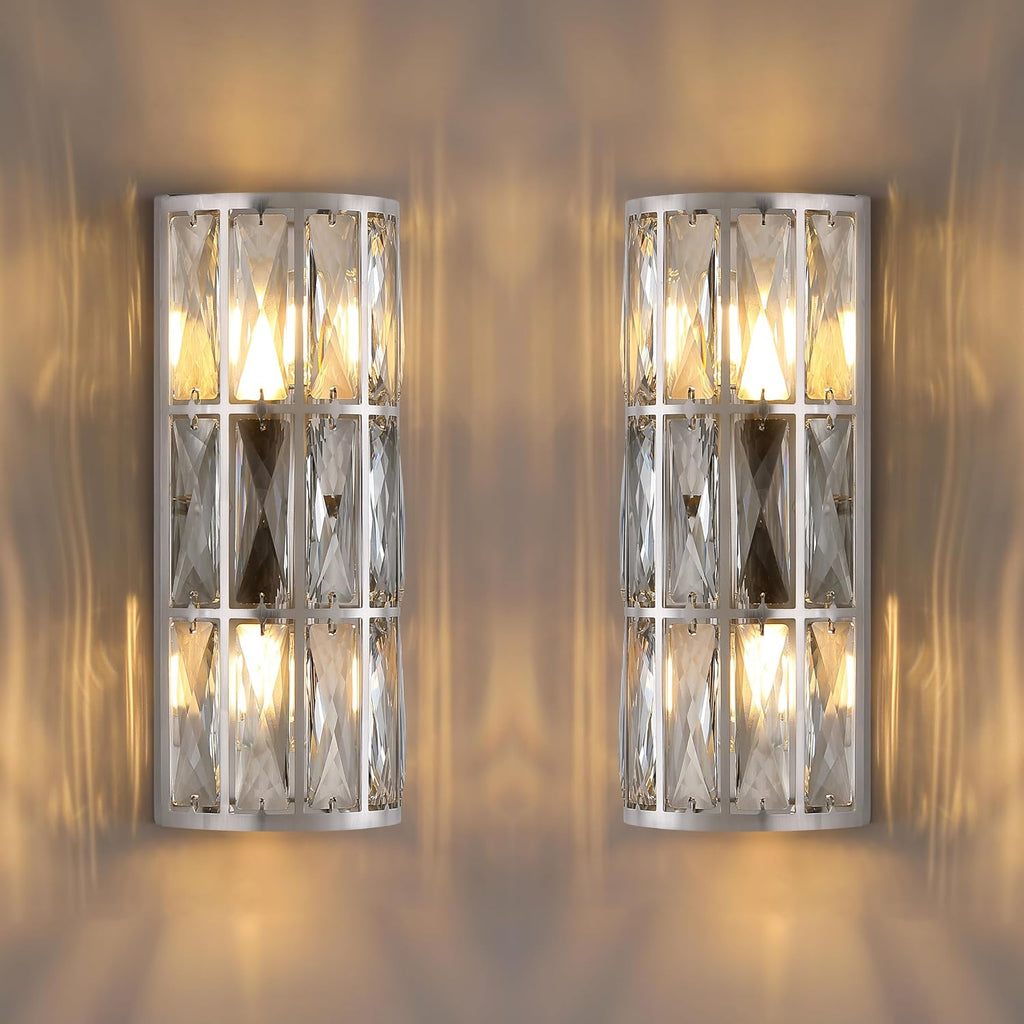 2 Light Modern Concise E12 Base Polyhedral Crystal Shade 2 Pack Wall Sconce Light Fixtures,Brushed Nickel Finish for Bathroom,Bedroom Living Room Bedside