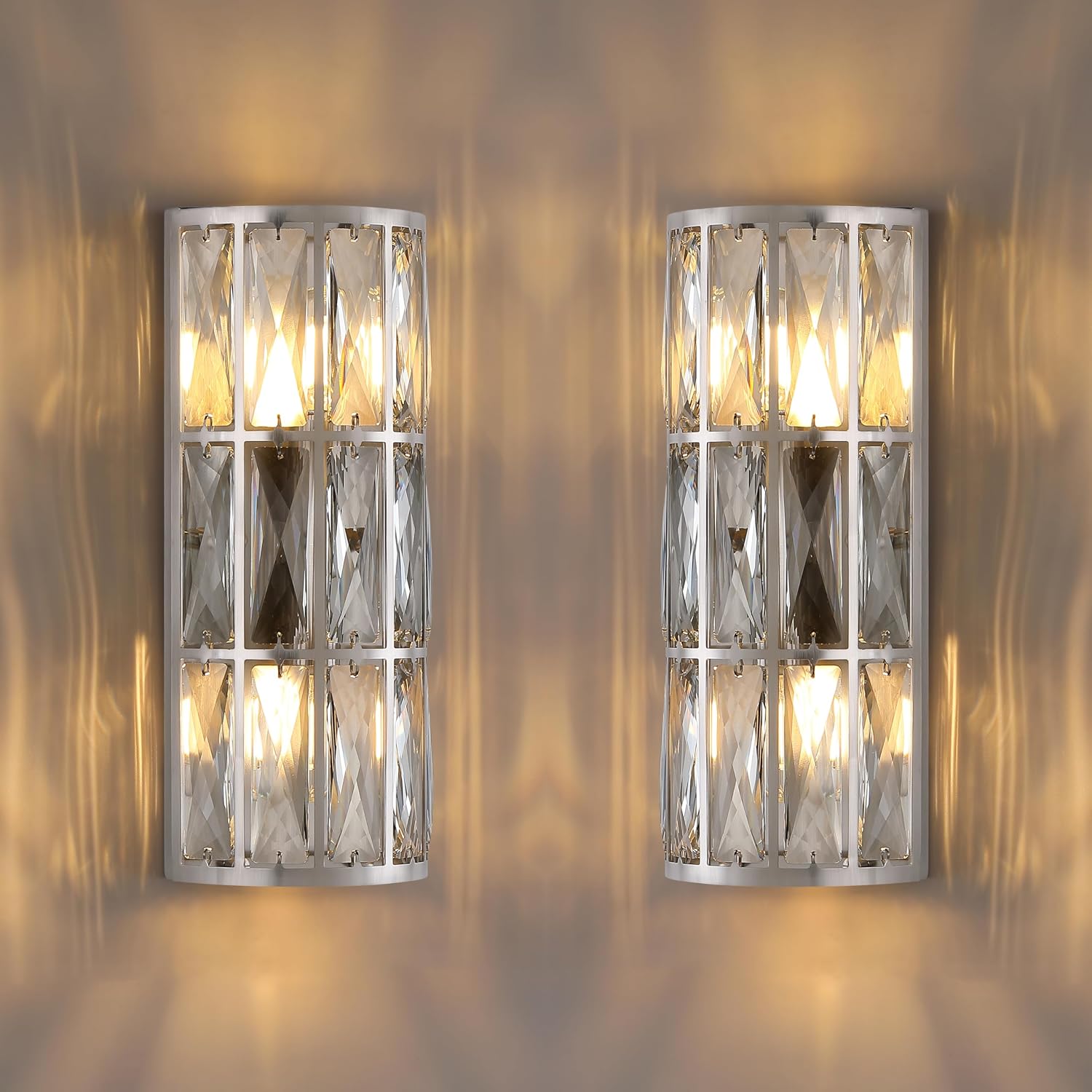 2 Light Modern Concise E12 Base Polyhedral Crystal Shade 2 Pack Wall Sconce Light Fixtures,Brushed Nickel Finish for Bathroom,Bedroom Living Room Bedside