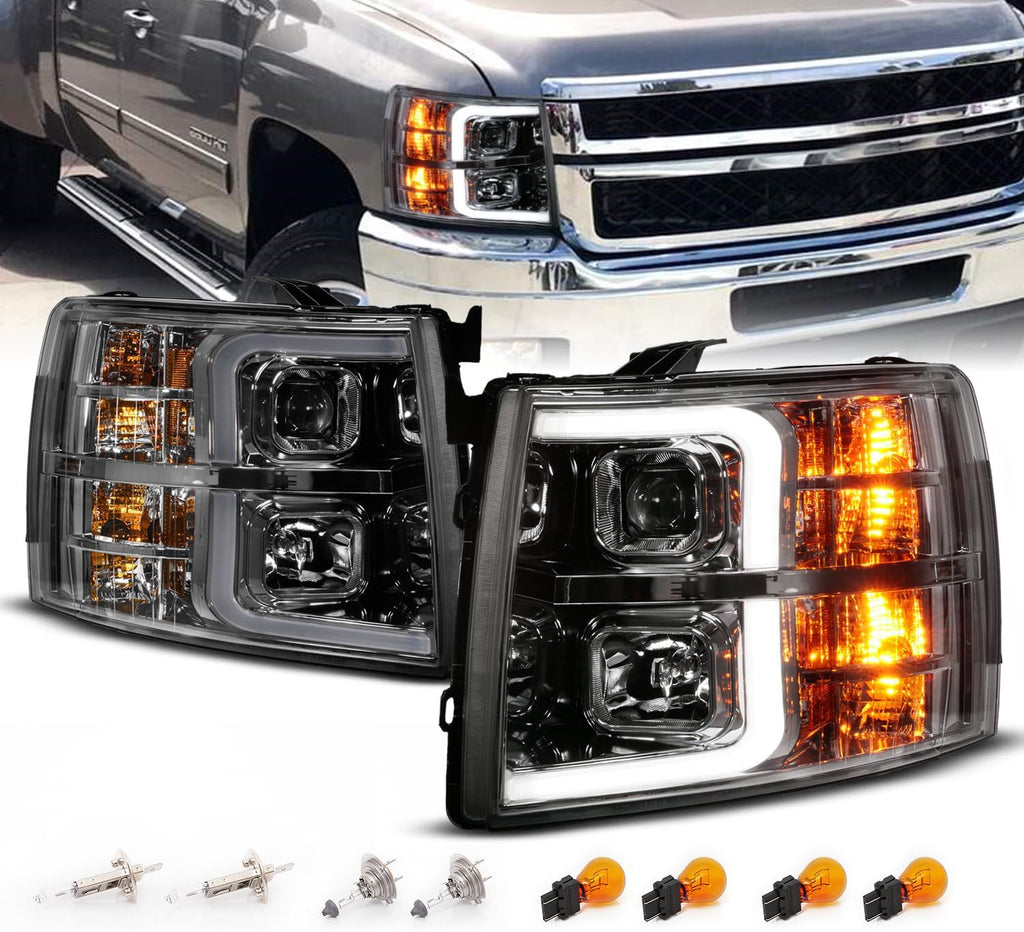 AmeriLite for 2007-2013 Chevy Silverado 1500 | 07-14 Silverado 2500HD 3500HD LED Tube Square Projector Gun-Metal Headlights Set - Passenger and Driver Side