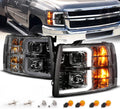 AmeriLite for 2007-2013 Chevy Silverado 1500 | 07-14 Silverado 2500HD 3500HD LED Tube Square Projector Gun-Metal Headlights Set - Passenger and Driver Side