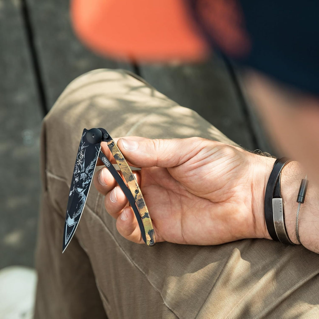 deejo - 37G Folding Pocket Knife with Belt Clip - Deer Design, 3.7-Inch Stainless Steel Blade, Brown Camo Handle - Lightweight Everyday Carry for Home, Work, and Outdoor Use