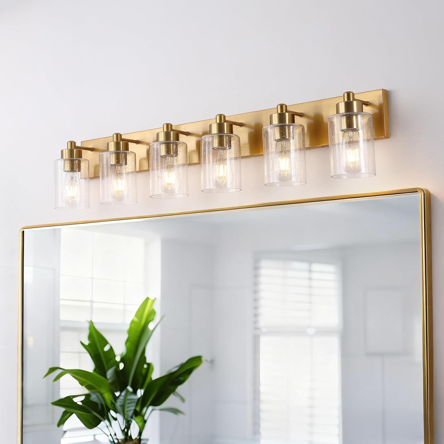 JONATHAN Y 40' Brass Gold/Clear 6-Light Modern LED Vanity Light for Bathroom Mirror, Mid-Century Wall Sconce with Clear Seeded Glass Shades, Contemporary Iron Fixture, LED Bulbs (JYL7621D)