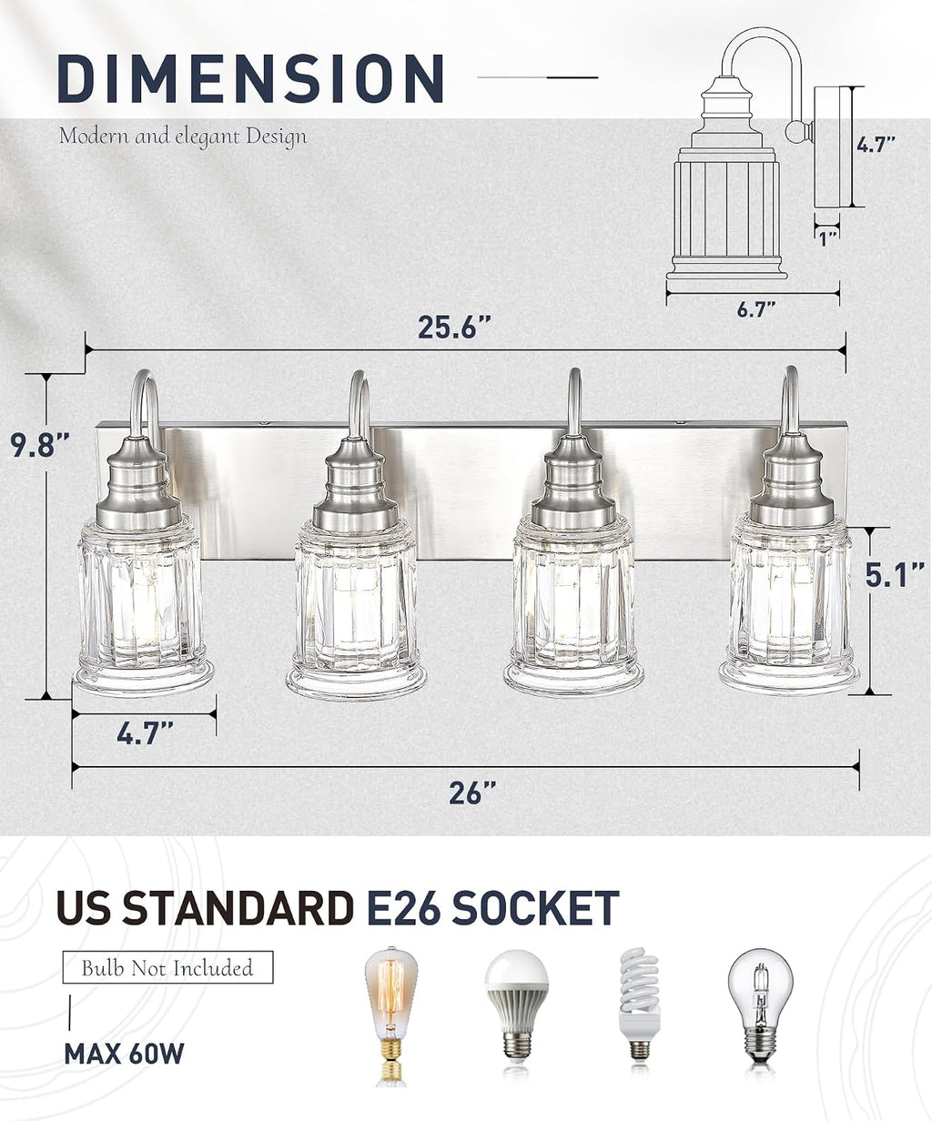 Brushed Nickel Bathroom Light, HWH 4-Light Vanity Lights for Bathroom Vanity Sconce Over Mirror, Wall Mounted Light Fixtures with Bell-Shaped Striped Glass, 5HZG106B-4W BN