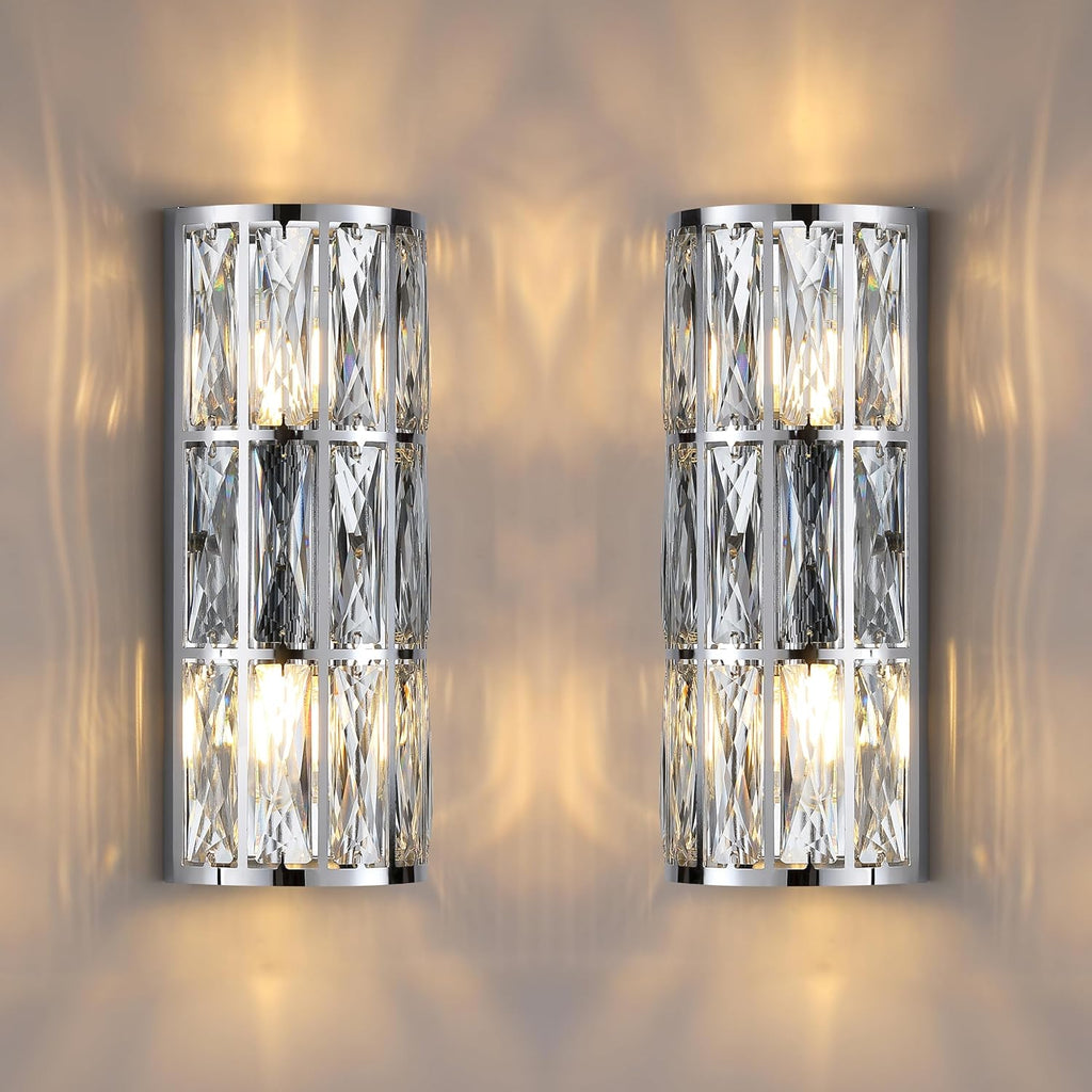 2 Light Modern Concise E12 Base Polyhedral Crystal Shade 2 Pack Wall Sconce Light Fixtures,Chrome Finish for Bathroom,Bedroom Living Room Bedside