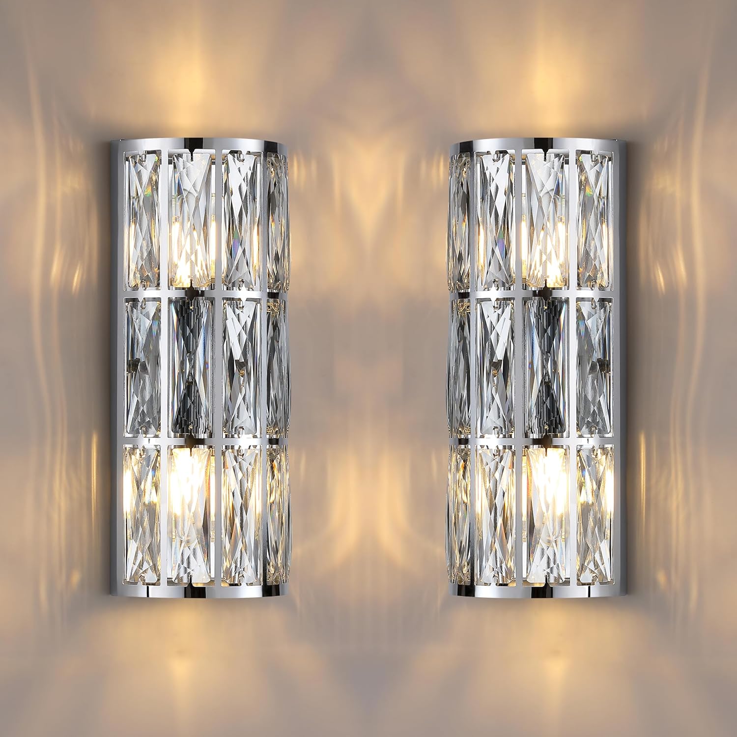 2 Light Modern Concise E12 Base Polyhedral Crystal Shade 2 Pack Wall Sconce Light Fixtures,Chrome Finish for Bathroom,Bedroom Living Room Bedside