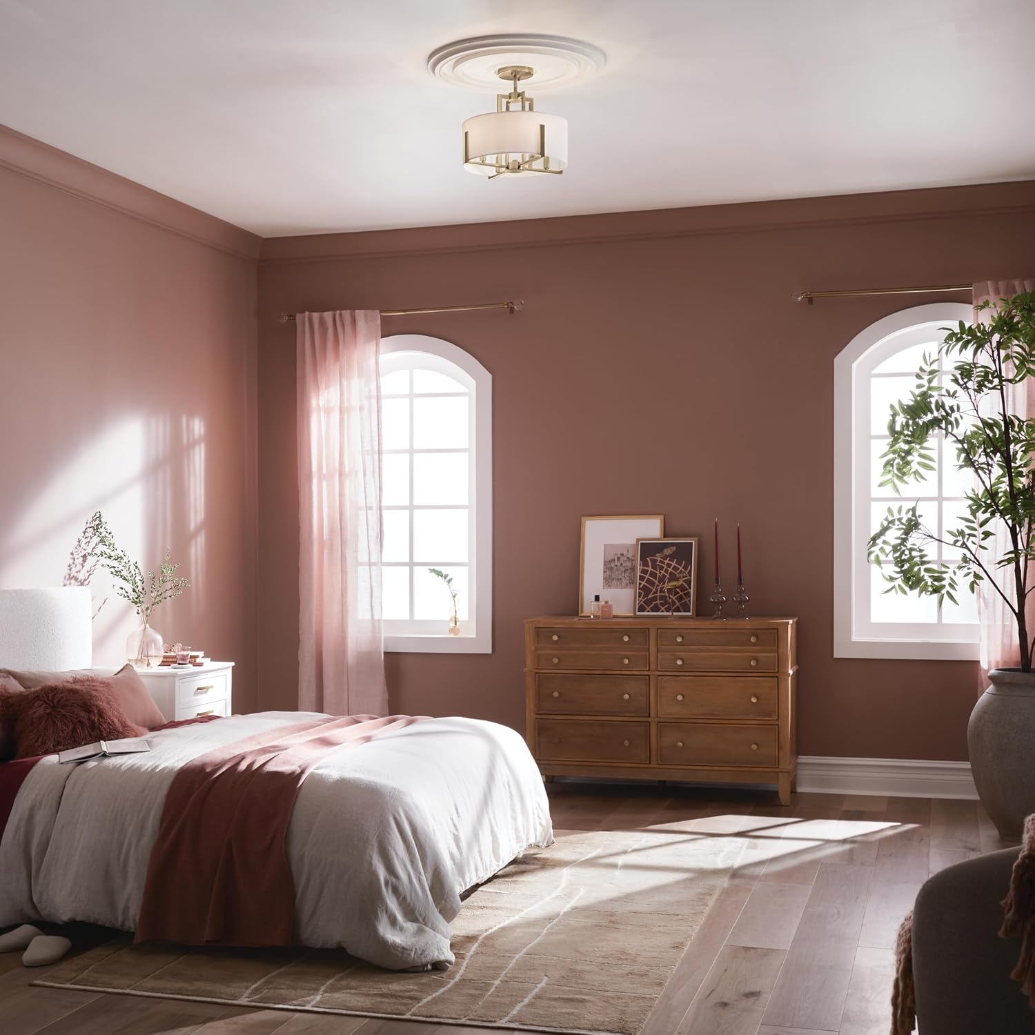 Kichler Malen 4-Light Semi Flush Mount Ceiling Light Fixture, Modern Convertible Semi-Flush or Pendant Light with Fabric Shade in Champagne Bronze, Bedroom or Hallway, (15' Dia x 14.25' H), 52591CPZ