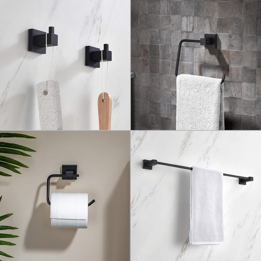 KIBI Cube Bathroom Hardware Set 5 Piece Bathroom Accessories Set | Towel Bar (24'), Towel Ring, Toilet Paper Holder, Robe Hooks (Matte Black) (C-KBA15-5-2)