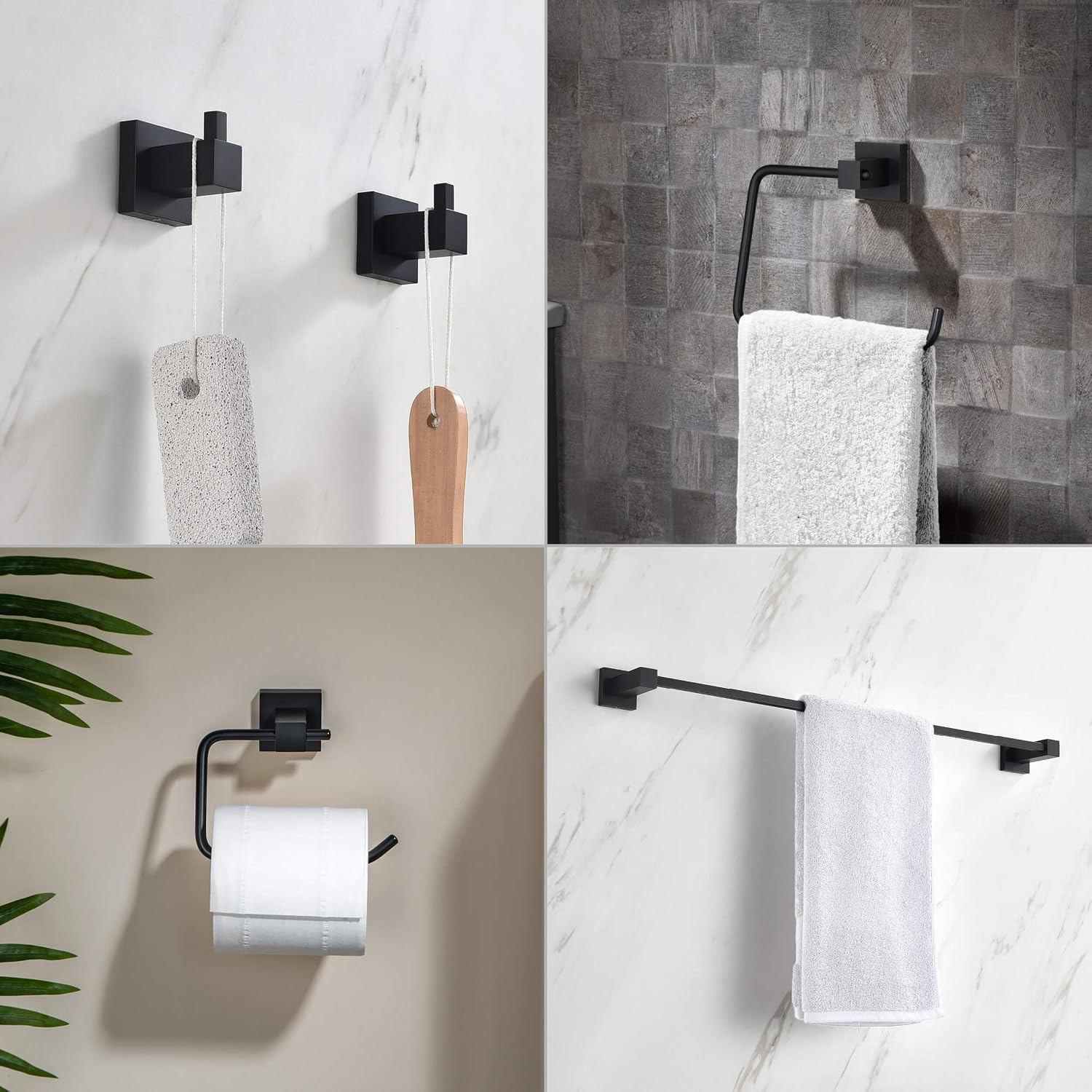 KIBI Cube Bathroom Hardware Set 5 Piece Bathroom Accessories Set | Towel Bar (24'), Towel Ring, Toilet Paper Holder, Robe Hooks (Matte Black) (C-KBA15-5-2)