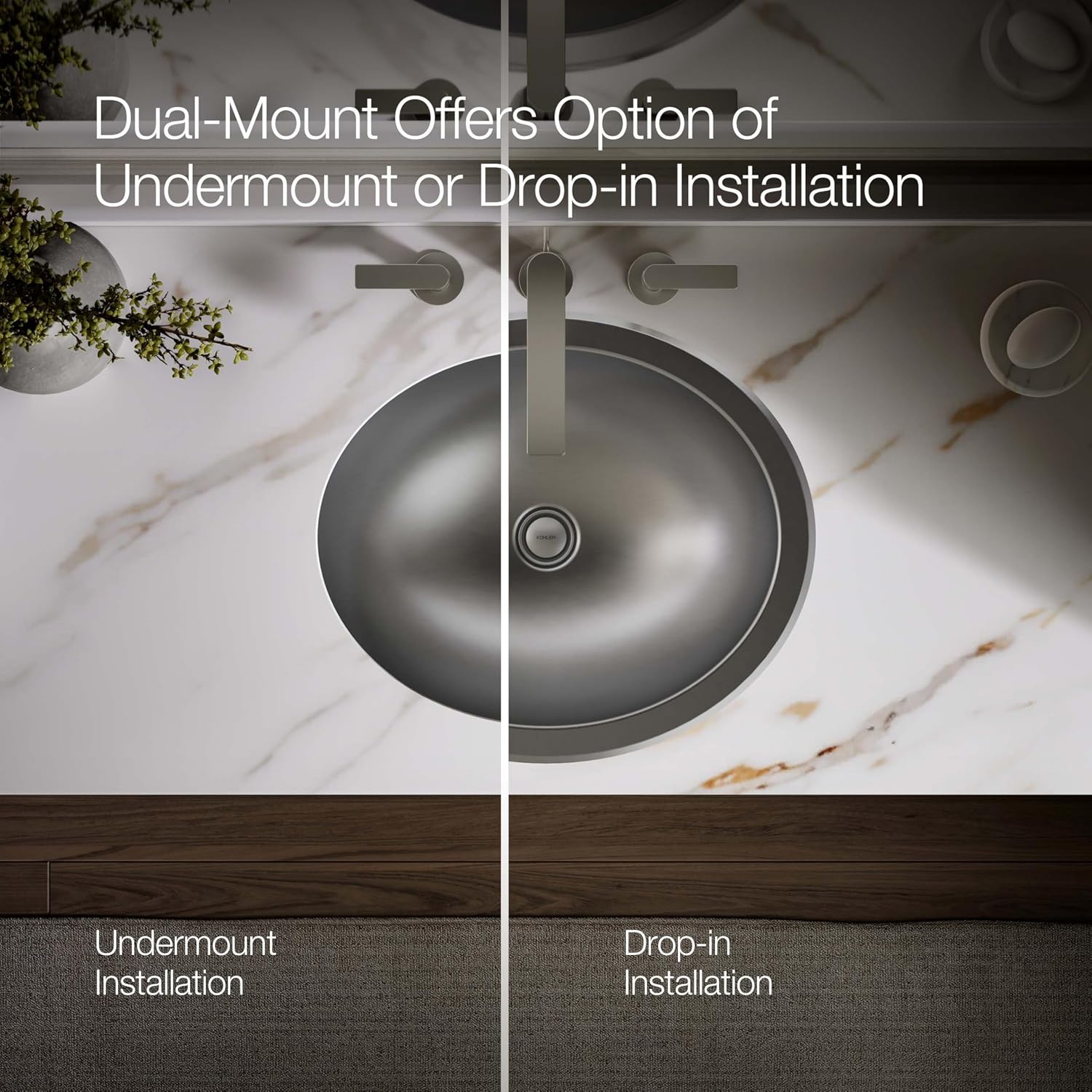 KOHLER K-2608-SU-NA Bachata Drop-In/Undermount Bathroom Sink with Luster Finish, Without Overflow, Stainless Steel