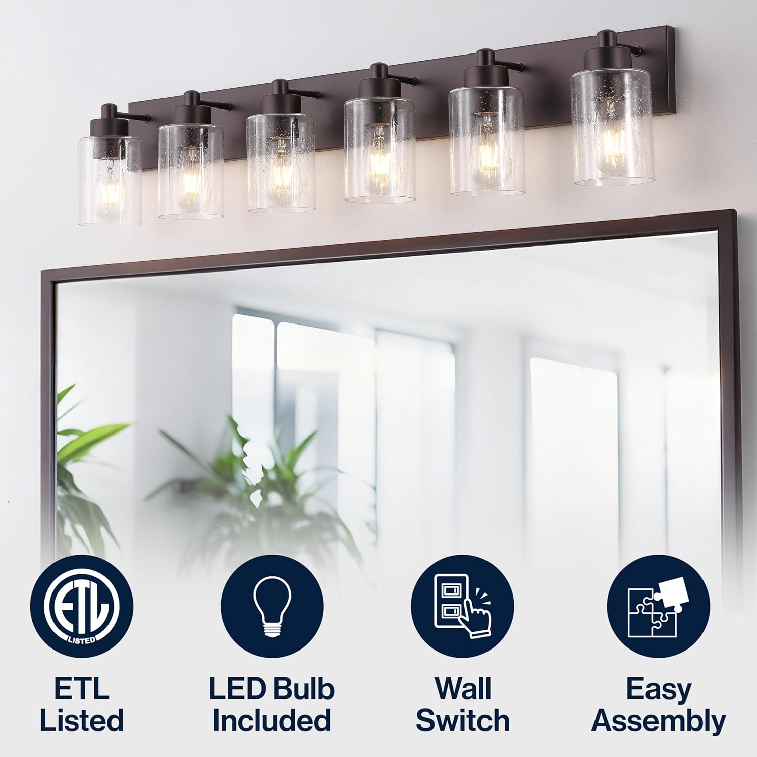 JONATHAN Y 40' Oil Rubbed Bronze/Clear 6-Light Modern LED Vanity Light for Bathroom Mirror, Mid-Century Wall Sconce with Clear Seeded Glass Shades, Contemporary Iron Fixture, LED Bulbs (JYL7621E)