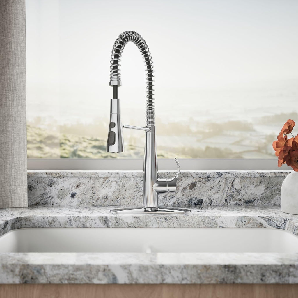 KOHLER 22033-CP Simplice Semi Professional Kitchen Sink Faucet, Pre-Rinse Kitchen & Commercial Faucet, Three Function Sprayhead, Polished Chrome