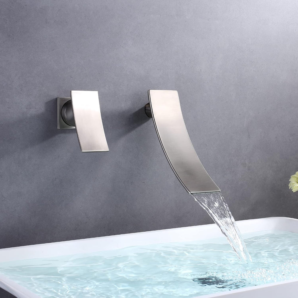 SUMERAIN Wall Mount Brushed Nickel Waterfall Bathroom Faucet | Left-Handed Design, Lavatory Faucet, for Basin, Single Handle, Valve Included