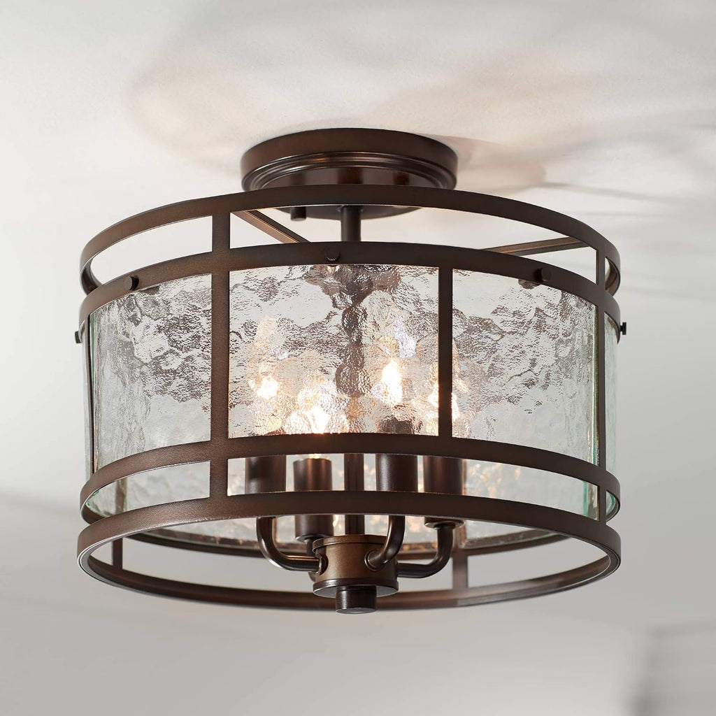 Franklin Iron Works Elwood Finish Rustic Industrial Ceiling Light Semi-Flush Mount Fixture Oil Rubbed Bronze 13 1/4' Wide Water Glass Drum for Cottage Core House Bedroom Hallway Living Room Bathroom