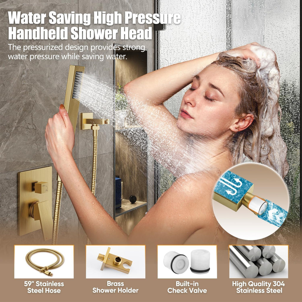 Gabrylly Shower System, Gold Shower Faucet Set, High Pressure 10 Inch Rain Shower Head with Handheld Spray Combo, All Metal Shower Head Set with Shower Valve Kit, Brushed Gold