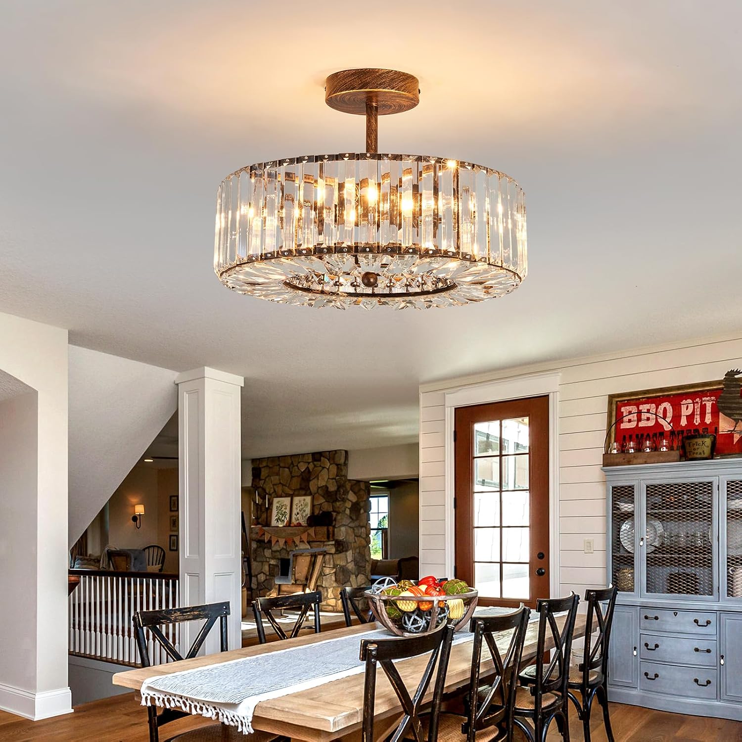 Piepooye 4 Lights Modern Crystal Chandelier Oil Rubbed Bronze Round Semi Flush Mount Ceiling Light Fixture Farmhouse Chandelier for Dinning Room Living Room Bedroom Hallway Entryway Kitchen
