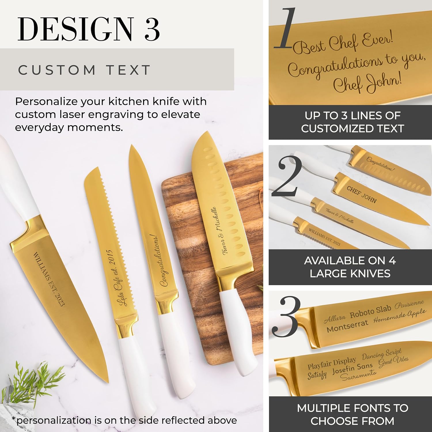 Personalized Gold Knife Set with Self-Sharpening Block – Make It Uniquely Yours with Custom Engraving on Luxurious White and Gold Knives – Personalized Gift for Weddings, Birthdays, Anniversaries