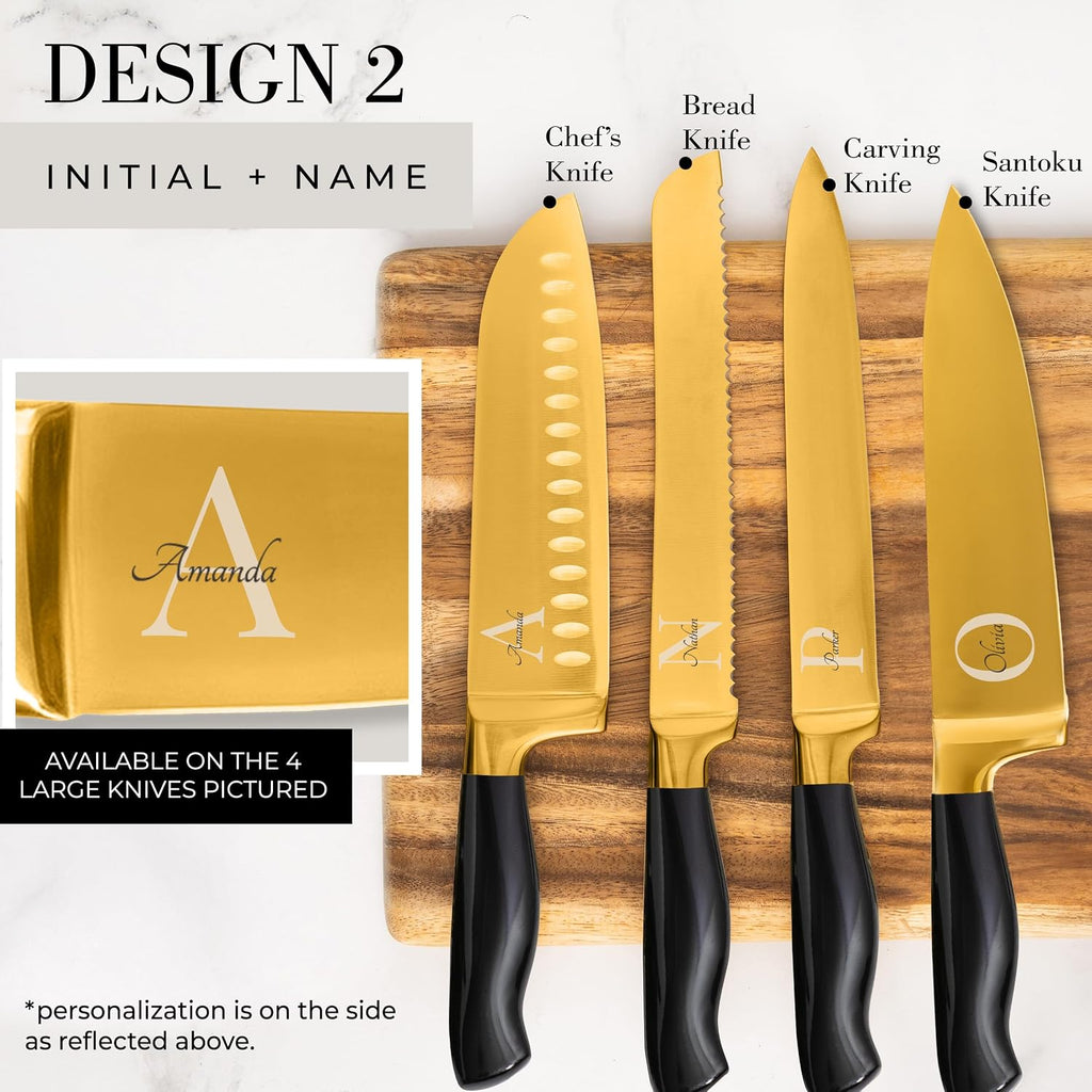 Personalized Black and Gold Knife Set with Block and Sharpener – 14-Piece Custom Engraved Titanium-Coated Gold Knives – Full Tang, Stainless Steel, Ergonomic, Gift-Ready