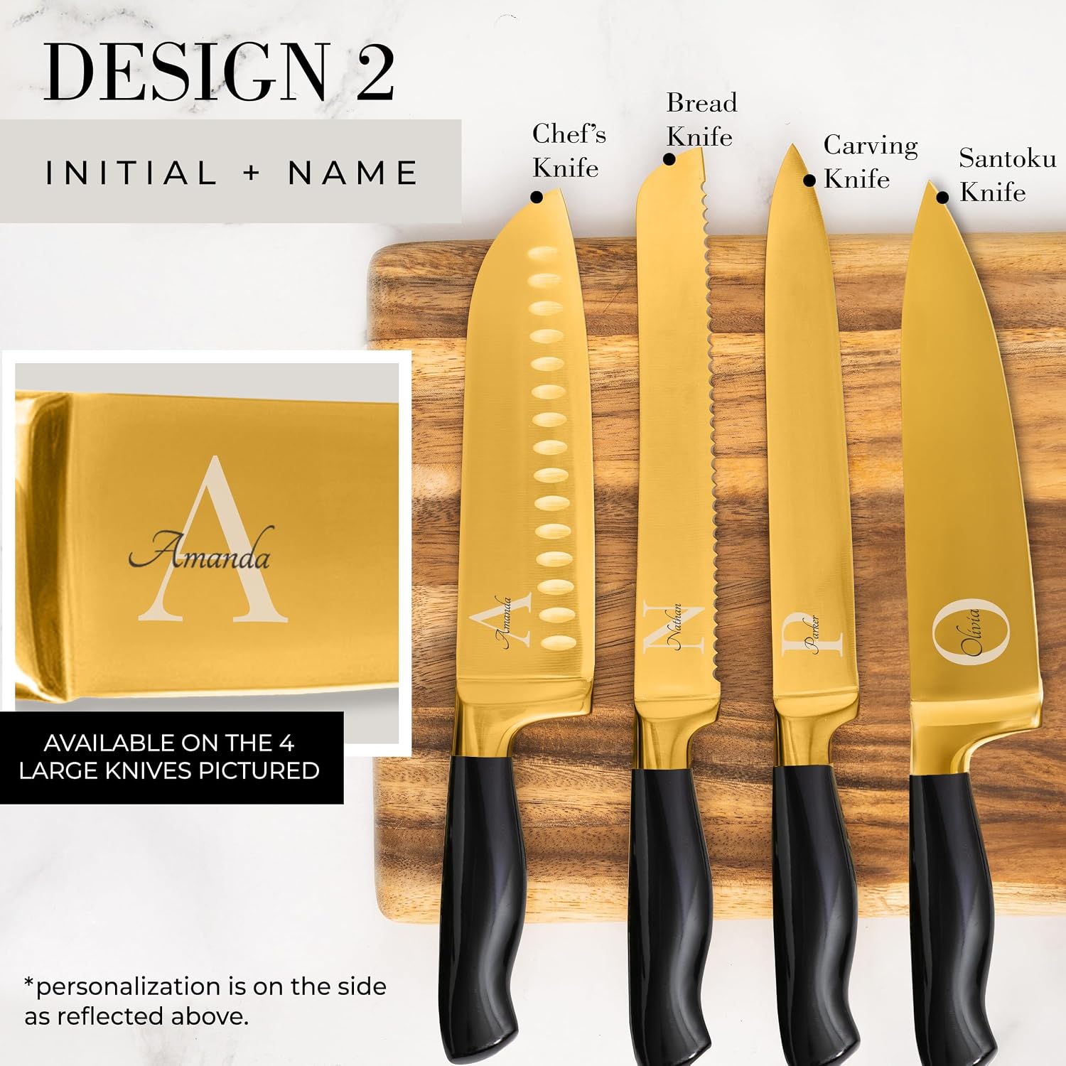 Personalized Black and Gold Knife Set with Block and Sharpener – 14-Piece Custom Engraved Titanium-Coated Gold Knives – Full Tang, Stainless Steel, Ergonomic, Gift-Ready