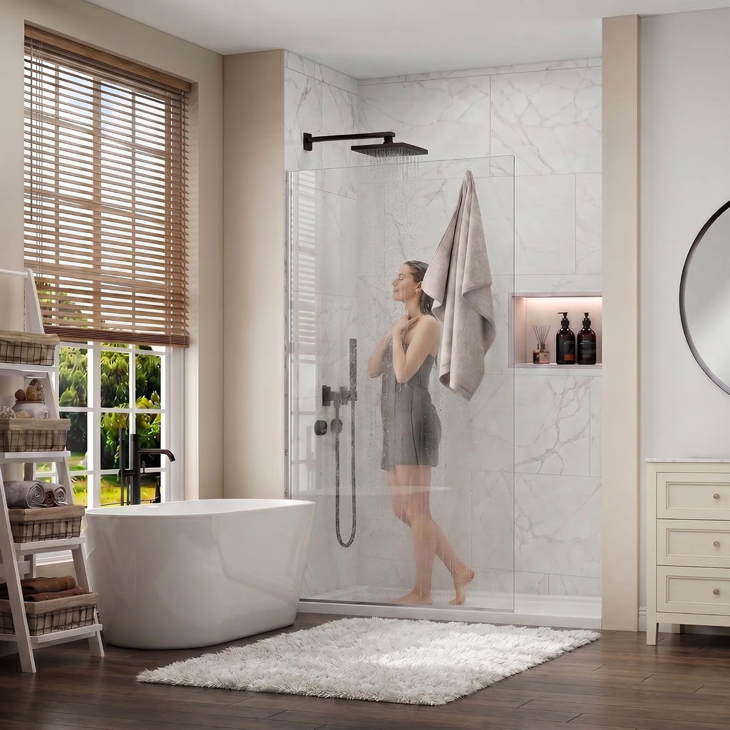 36' W x 76' H Fixed Shower Glass Panel, 3/8' w/Coat Hook, Brushed Nickel | Fixed Shower Door Screen; Coat Hook; SGCC Tempered Glass; Easy Clean Coating