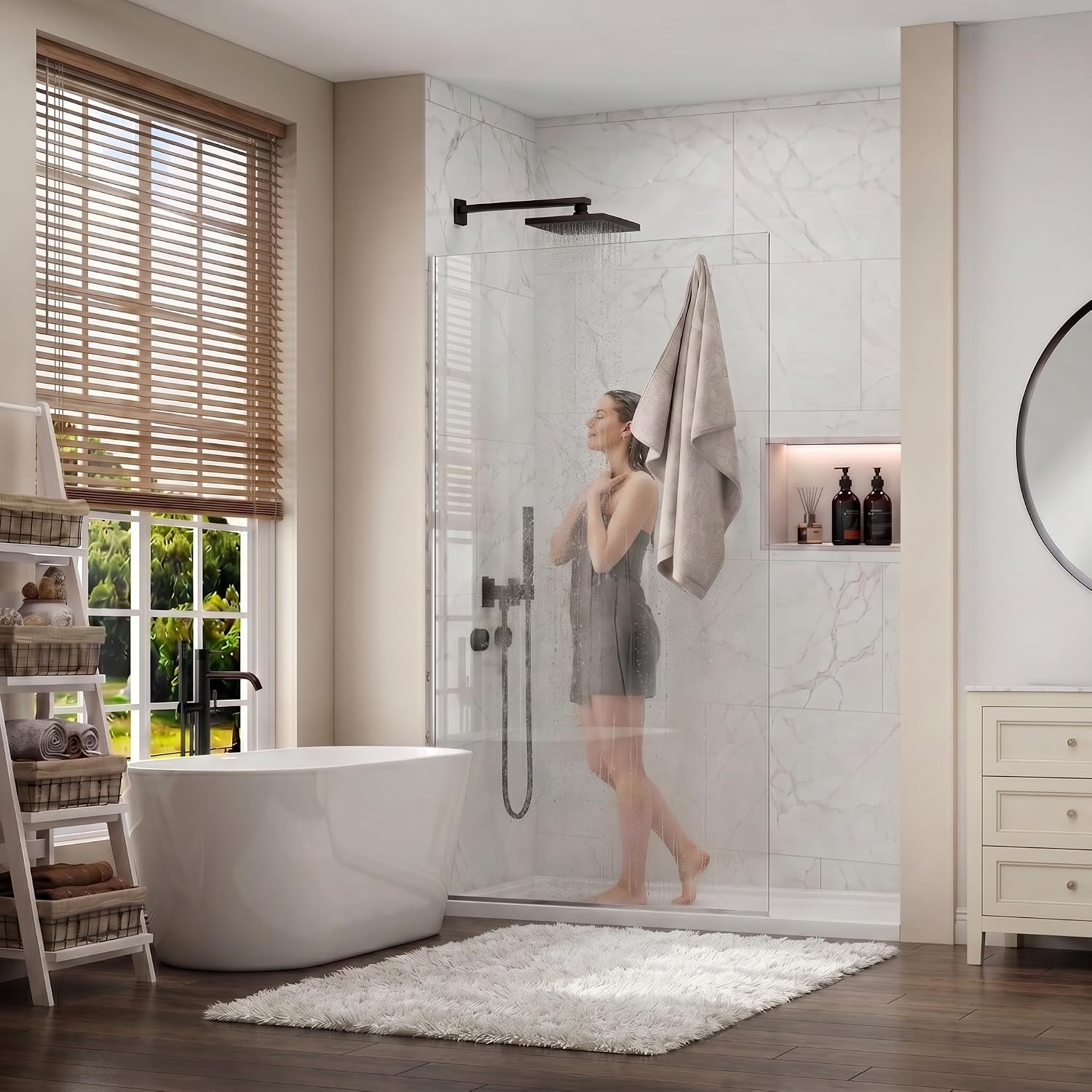 36' W x 76' H Fixed Shower Glass Panel, 3/8' w/Coat Hook, Brushed Nickel | Fixed Shower Door Screen; Coat Hook; SGCC Tempered Glass; Easy Clean Coating
