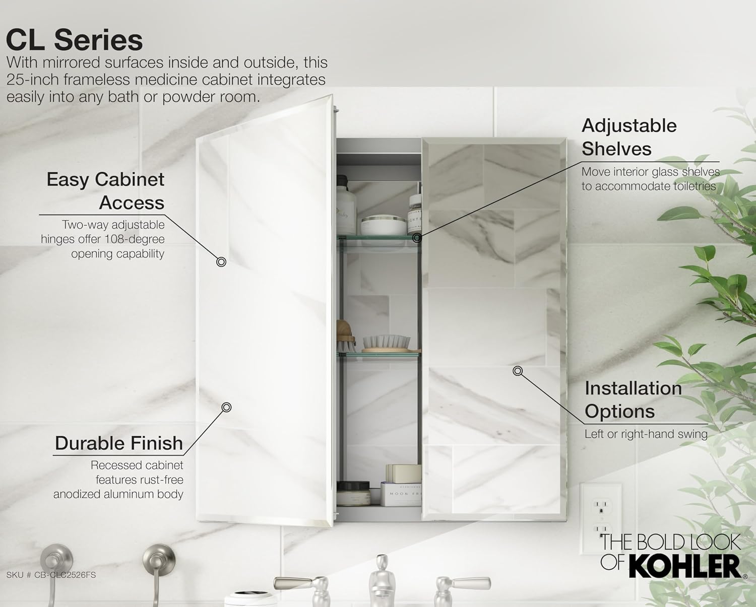 Kohler CB-CLC1526FS Frameless Bathroom Mirror Medicine Cabinet, Single Door, Rectangular Beveled Edge Frame, Bathroom Cabinet Mirror, Adjustable Shelves, 15 in. W x 26 in. H