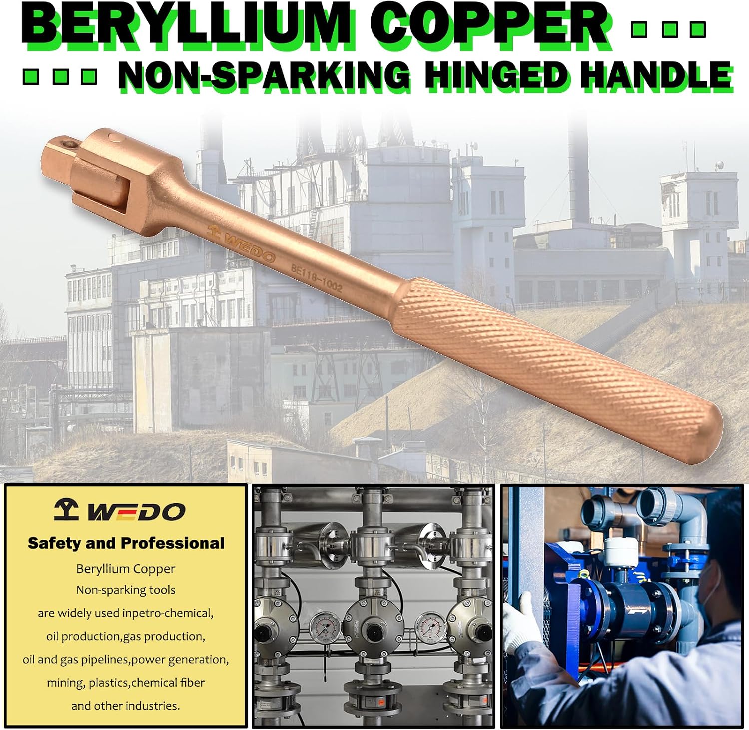 WEDO Non-sparking Flexible Handle,1/2' Square Drive,Length 250mm,Hinge handle,Driver head conversion is convenient for multi-angle use,Beryllium Copper,Non-magnetic,DIN Standard,BAM & FM Certificate