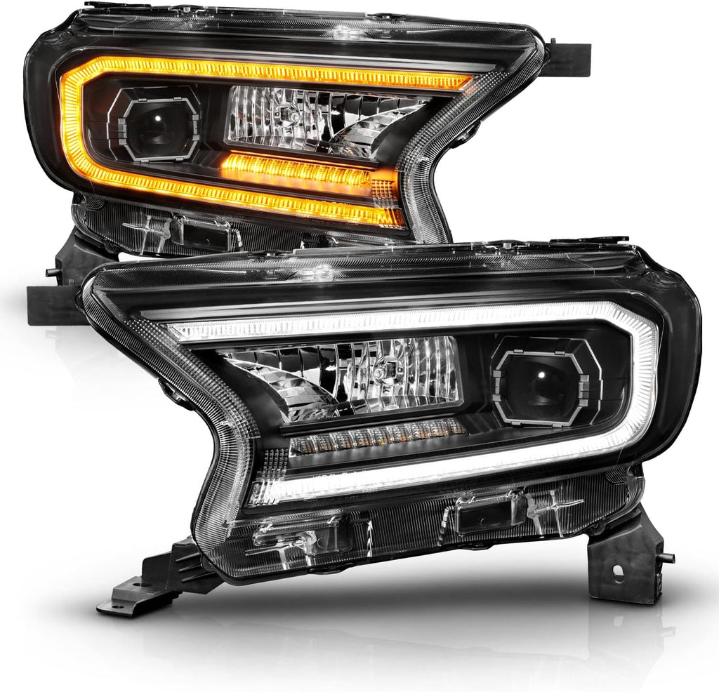 AmeriLite for 2019-2022 Ford Ranger XL/XLT Pickup Switchback LED Sequential Signal Tube Black Square Projector Headlight Set - Passenger and Driver Side
