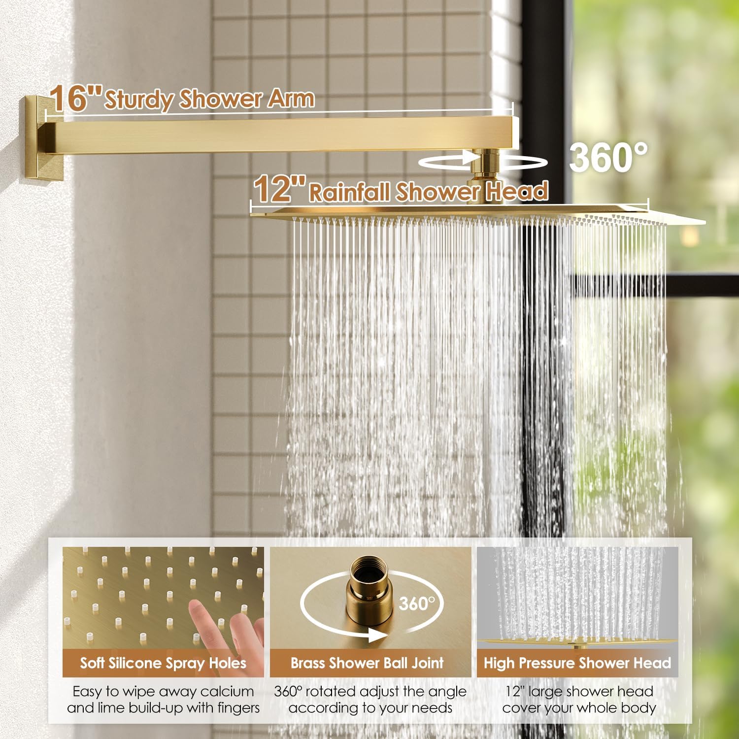 Kurpot Shower System, Gold Shower Faucet Set with Shower Valve and Trim Kit, 12 Inch Rain Shower Head with Handheld Spray, Brushed Gold Shower Head and Handle Set, High Pressure Shower Head System