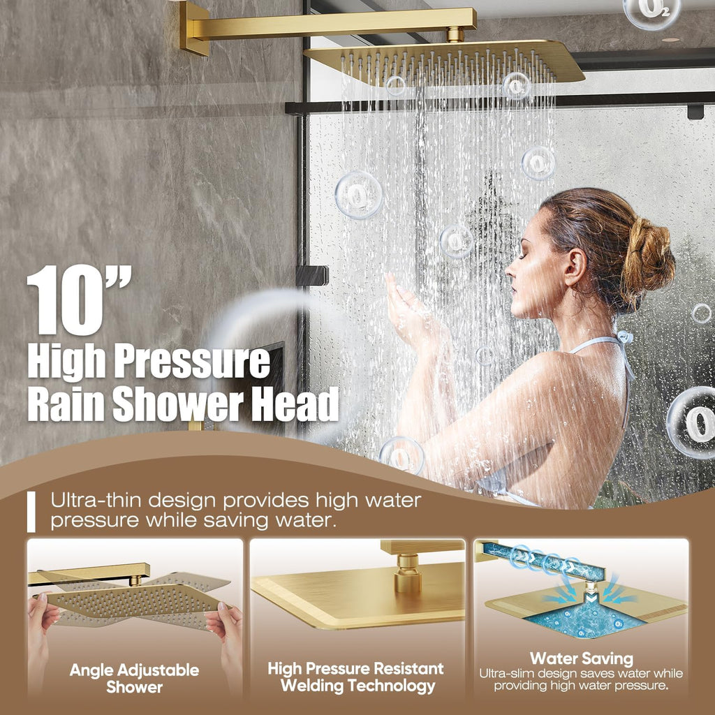 Gabrylly Shower System, Gold Shower Faucet Set, High Pressure 10 Inch Rain Shower Head with Handheld Spray Combo, All Metal Shower Head Set with Shower Valve Kit, Brushed Gold
