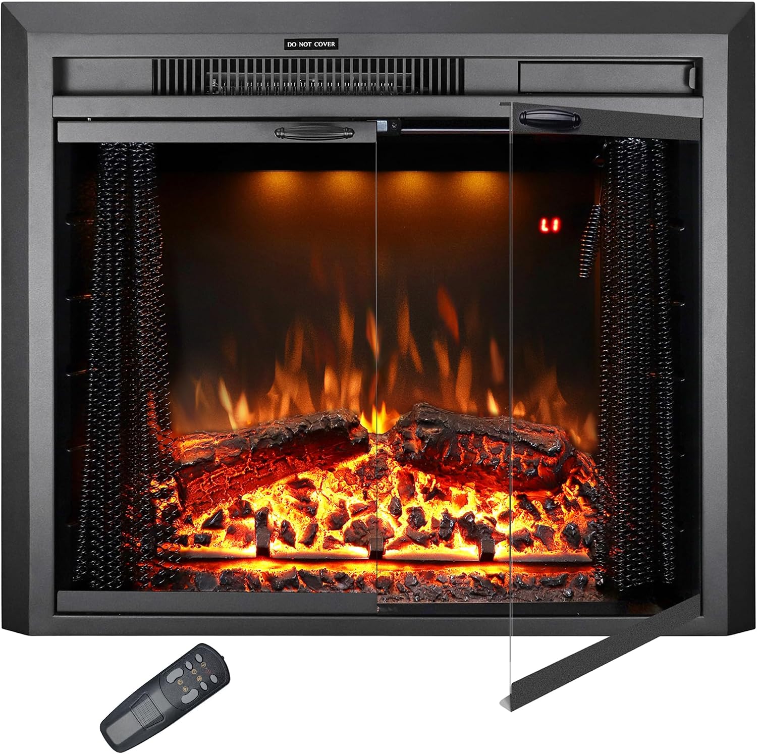 25.4 Inches Electric Fireplace Insert, 750W/1500W Fireplace Heater with Adjustable Flame and Top Light Colors, Fire Crackling Sound, Remote Control, Timer, Glass Door & Mesh Screen, Black