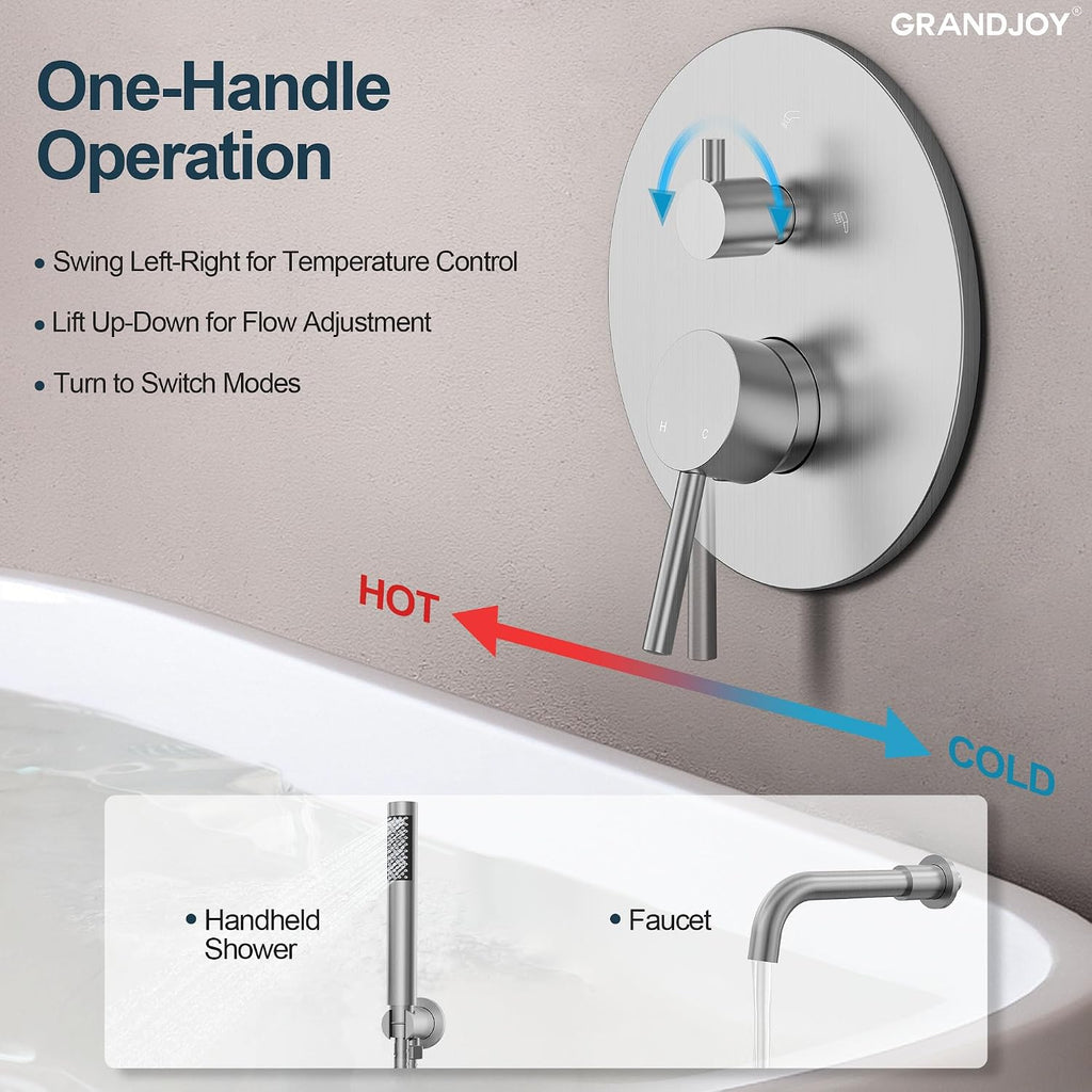 Brushed Nickel Wall Mount Bathtub Faucet with Handheld Shower, High Flow Tub Filler, Solid Brass Rough-in Valve Included, Single Handle Bathroom Fixture