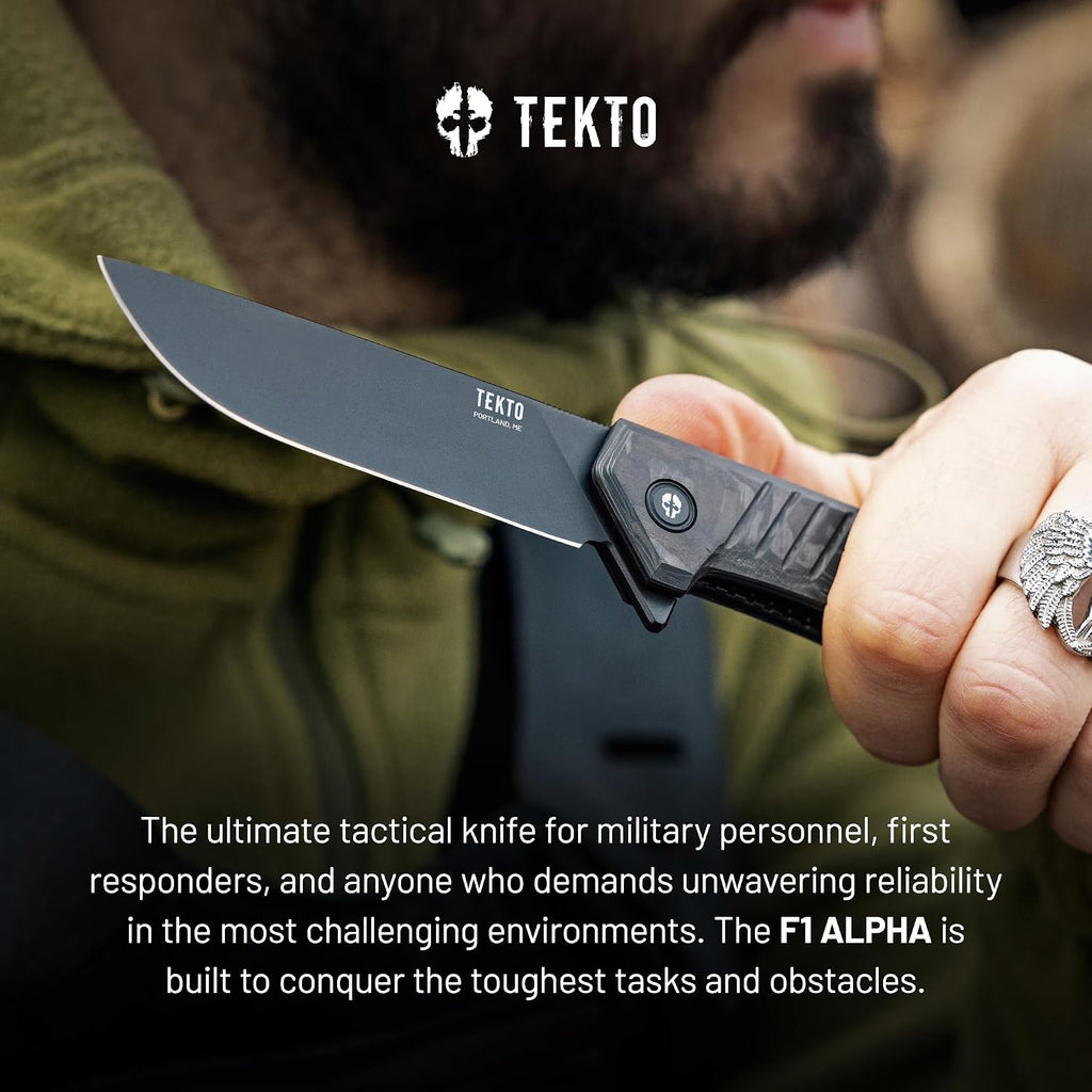 TEKTO F1 Alpha Folding Pocket Knife - Modified Straight Back Blade, Titanium Coated D2 Steel, Tactical Knife, EDC Folding Pocket Knives for Camping, Hunting & Backpacking - Forged Carbon, Blue Accents